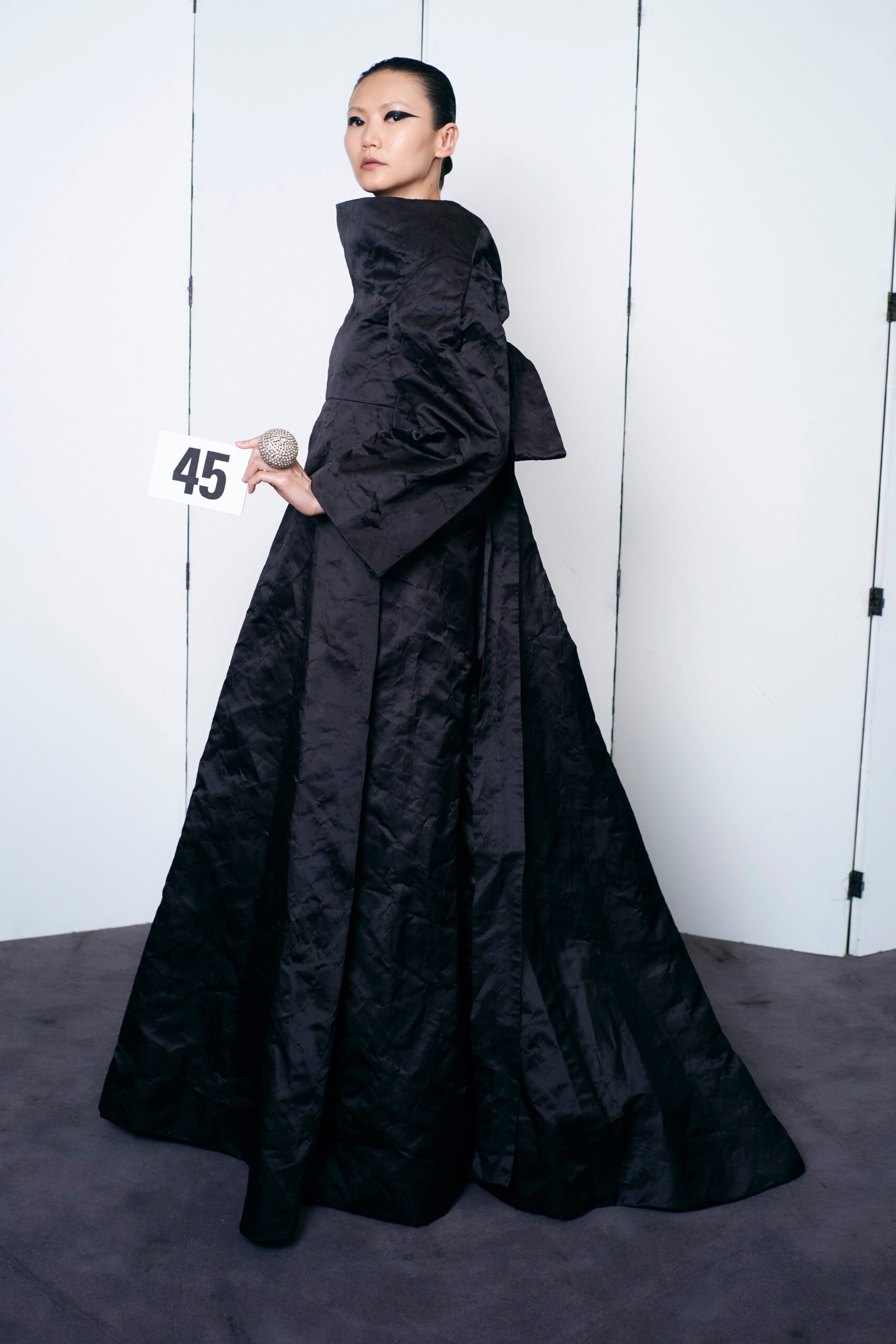 black silk long-sleeve gown