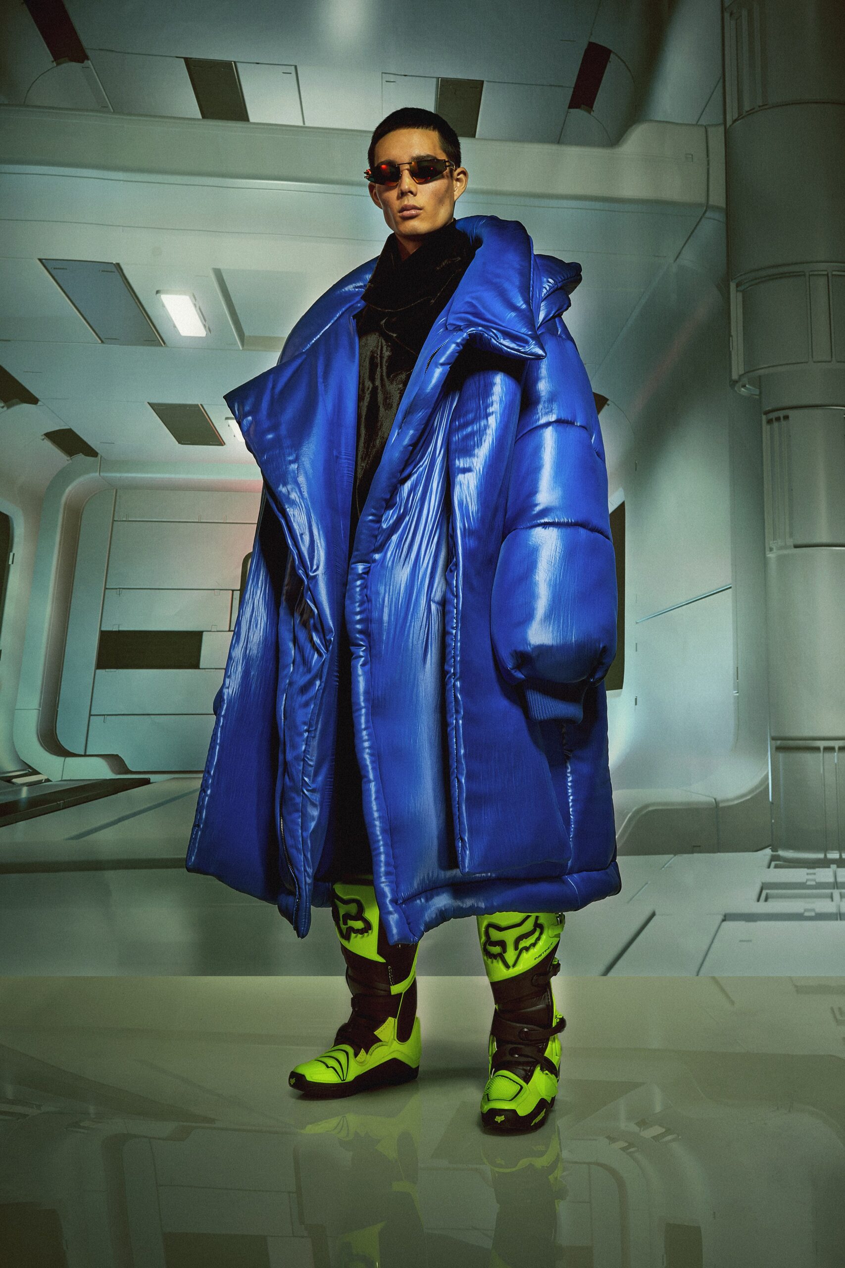 oversized blue vinyl coat