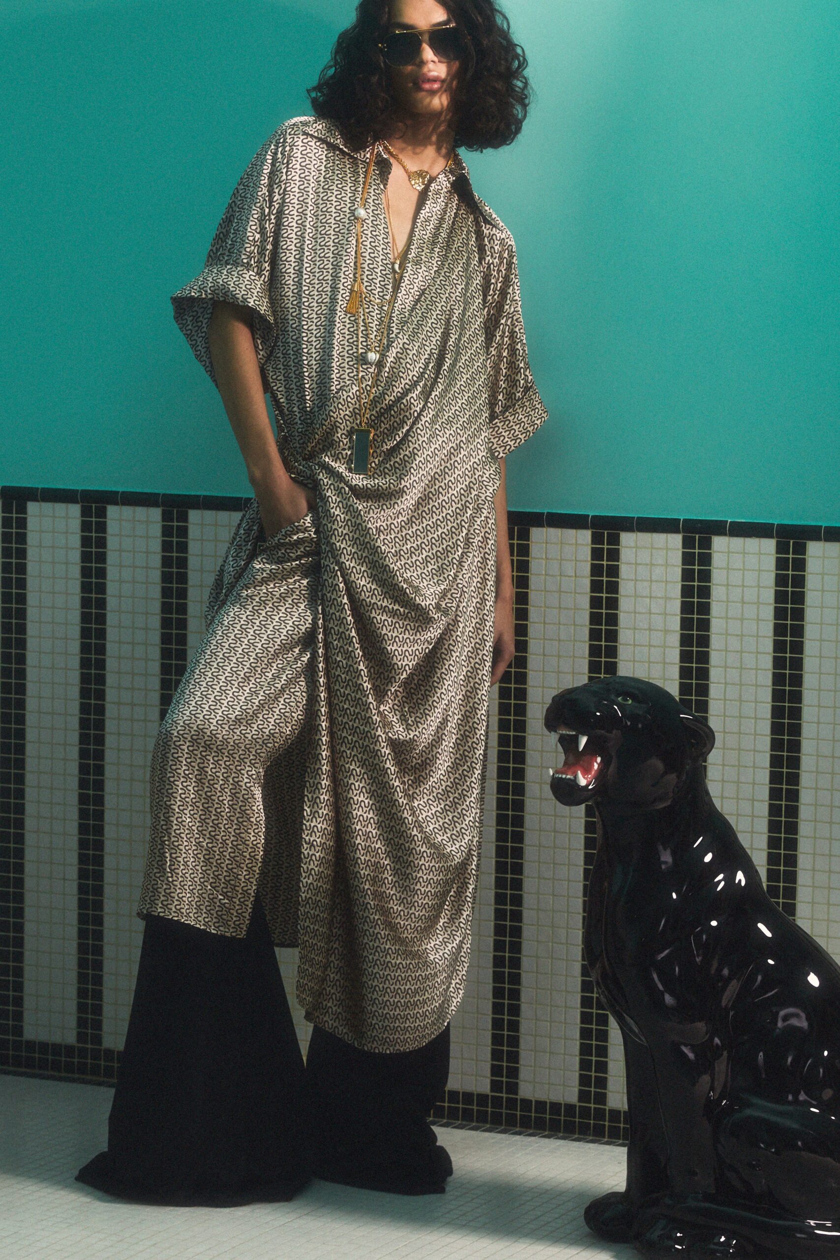 gold silk short-sleeve collared relaxed draped printed dress