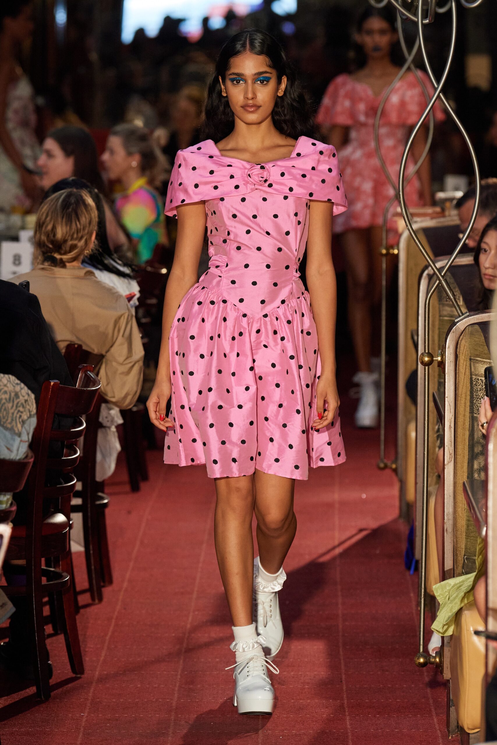 pink polka-dot fitted dress