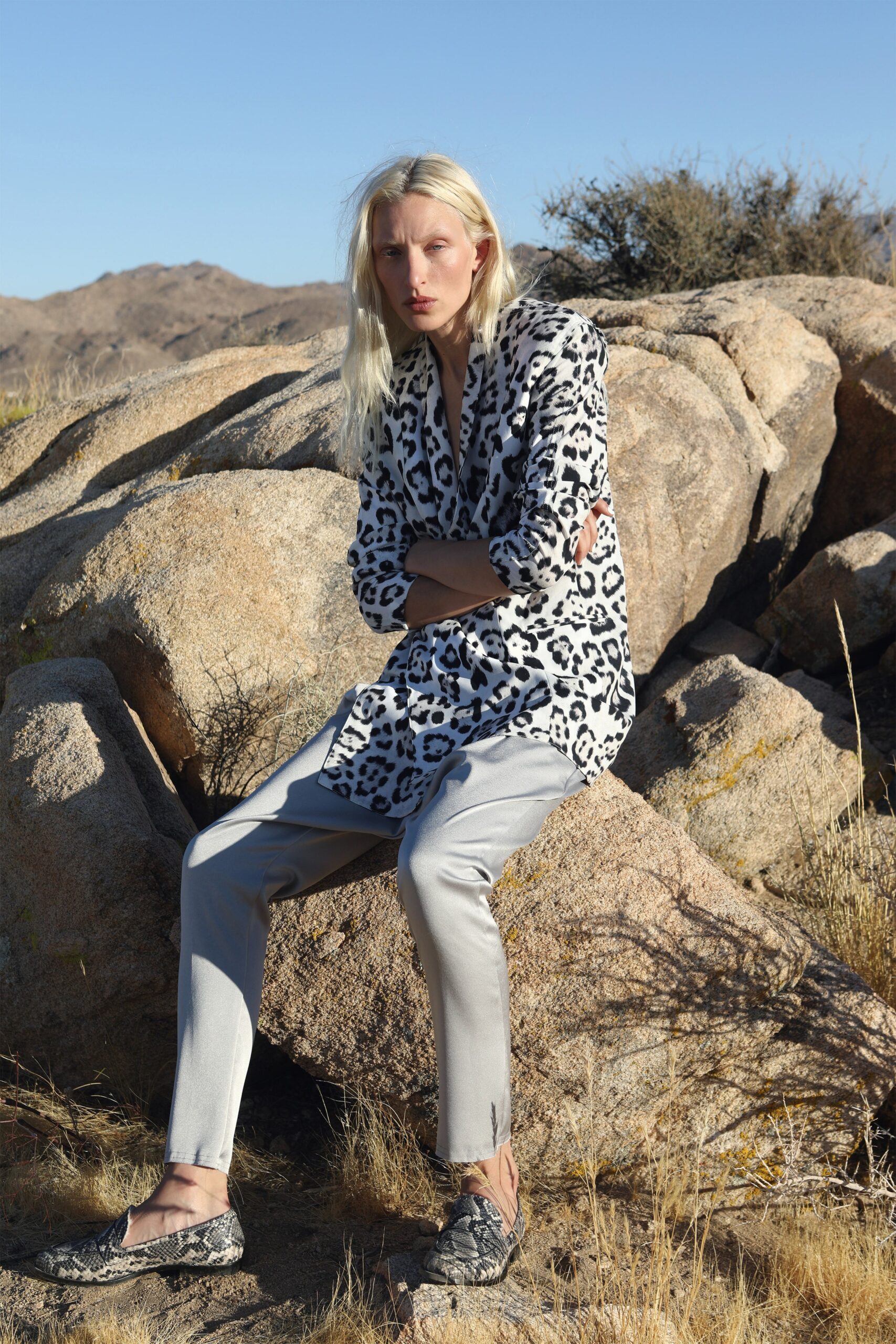 animal-print blazer with tailored pants