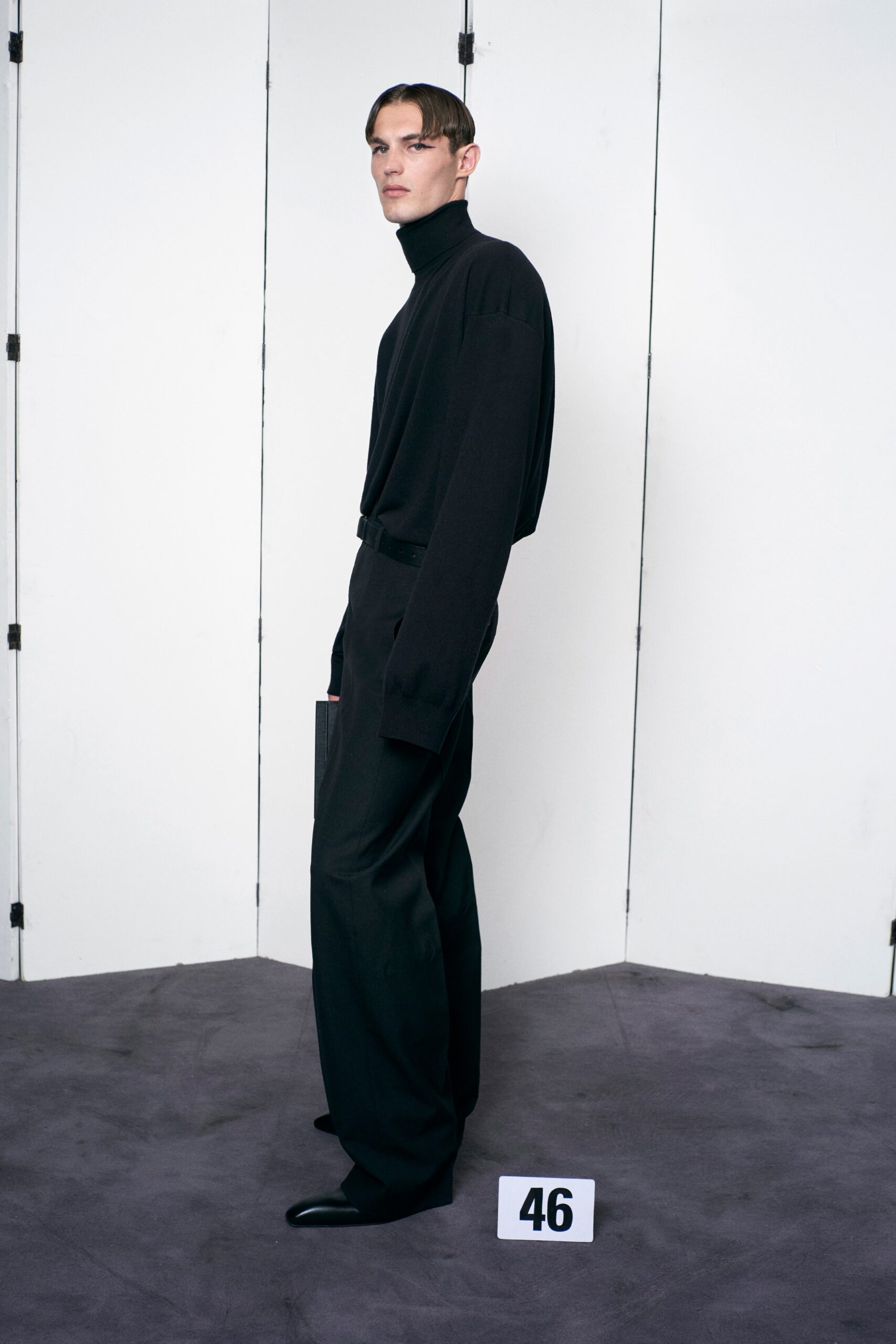 black wool relaxed top with tailored pants