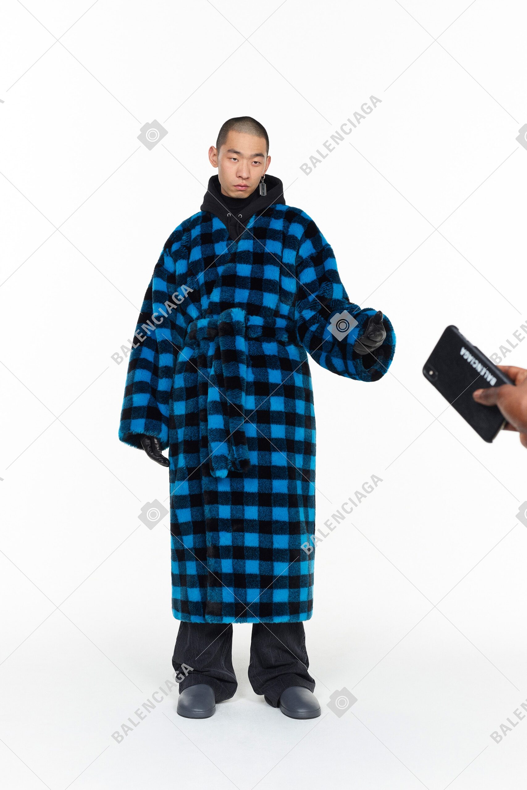 blue and black checked faux-fur coat