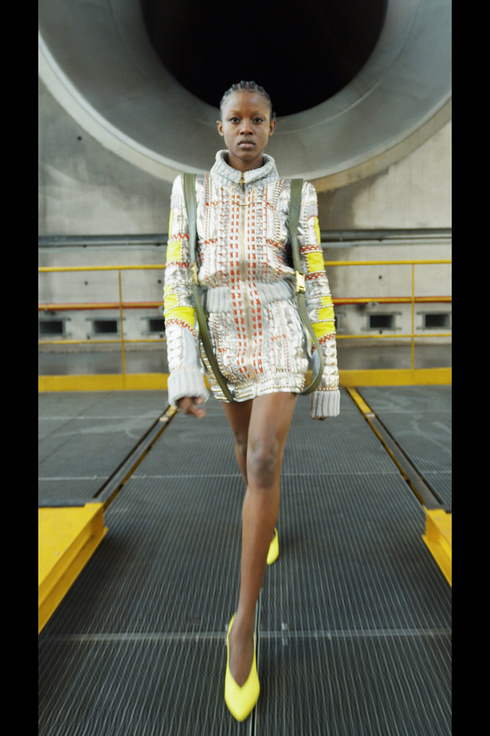 silver embroidered mini dress with yellow shoes