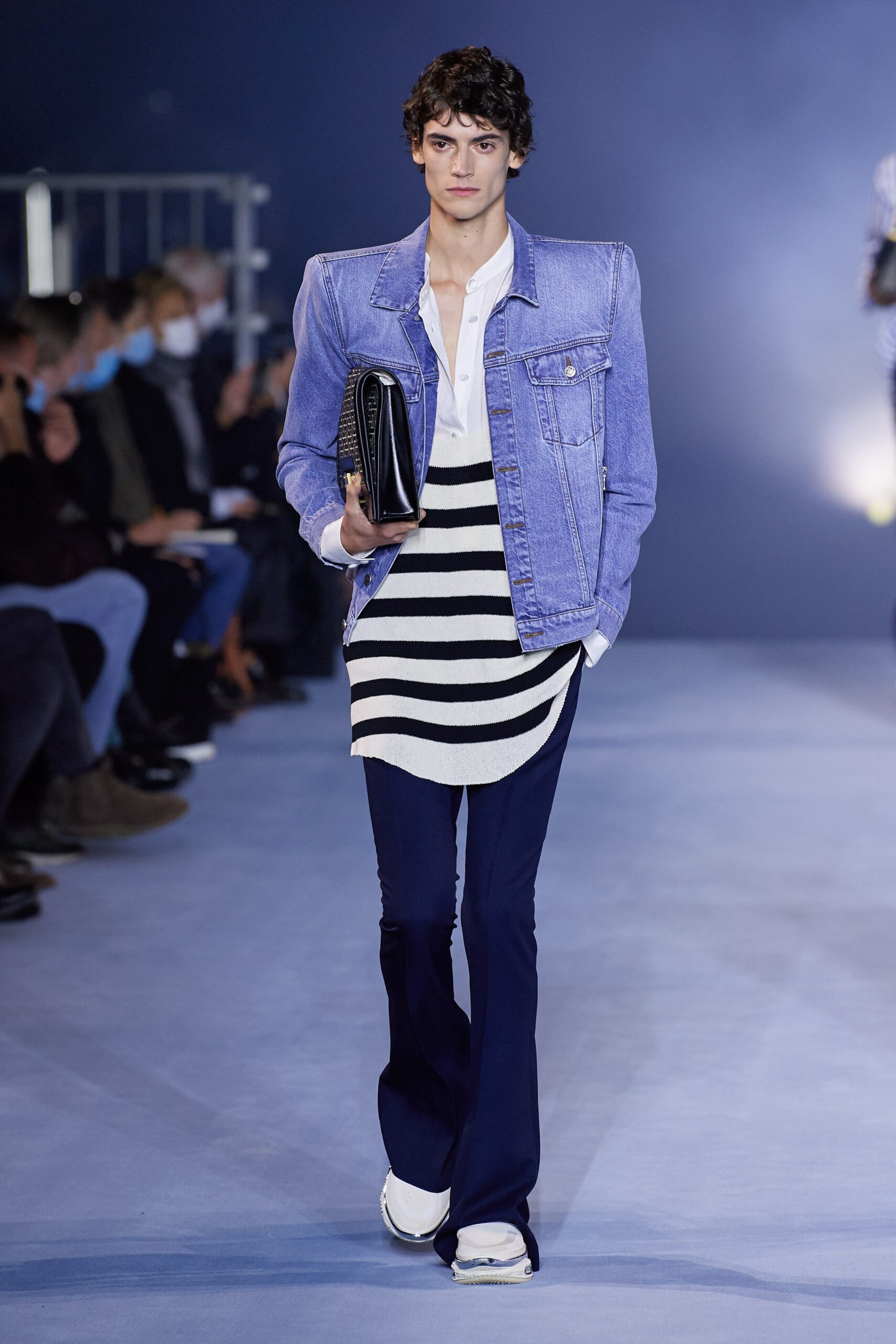 blue denim jacket with striped top