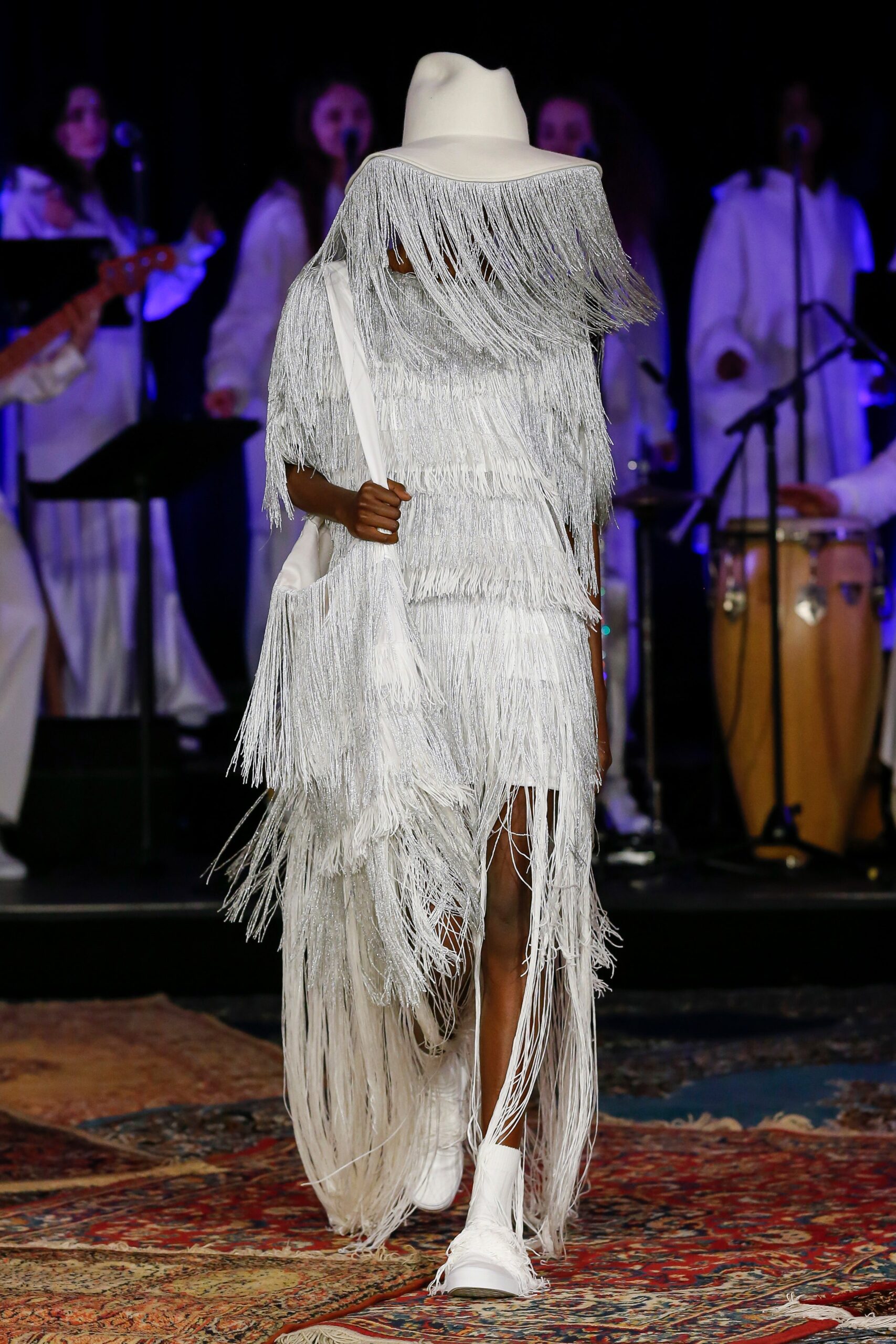 white fringed midi dress with hat