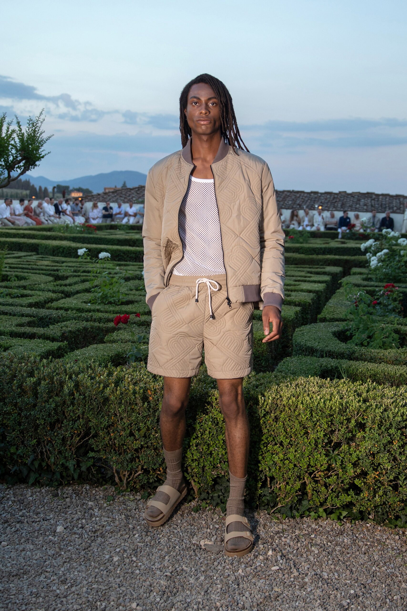 beige relaxed jacket with shorts