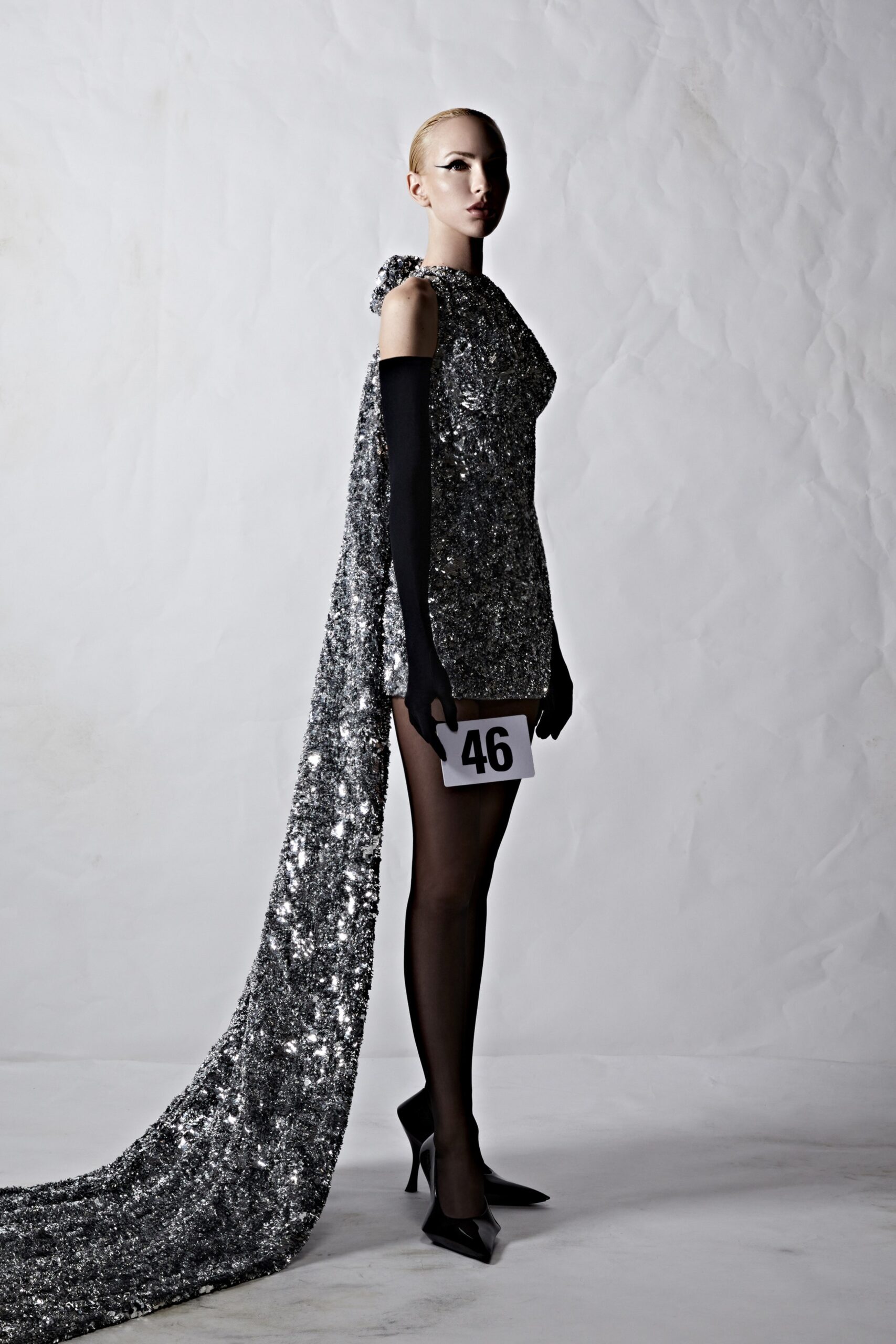 silver sequin mini dress with cape