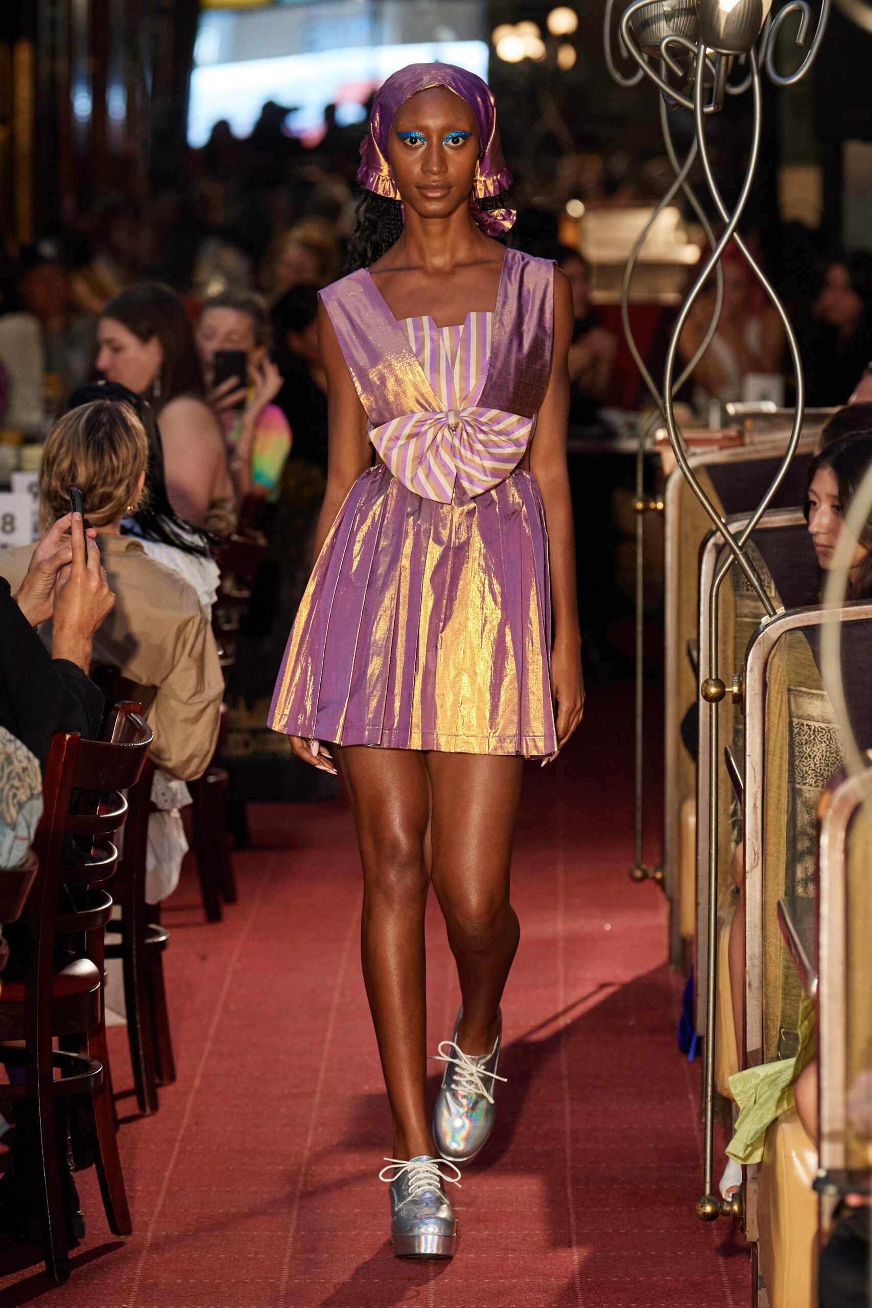 purple and gold pleated mini dress