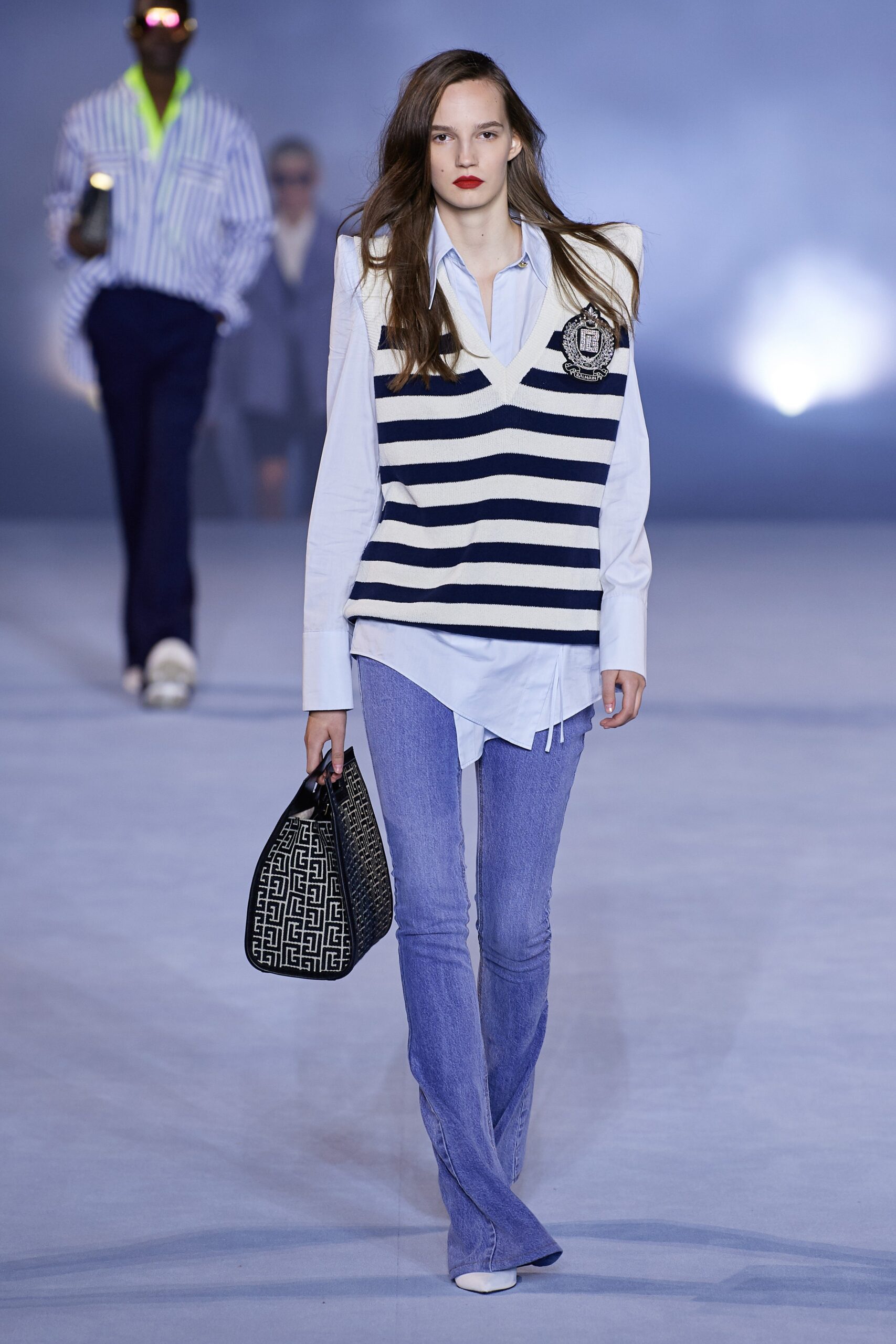 striped top and flared pants