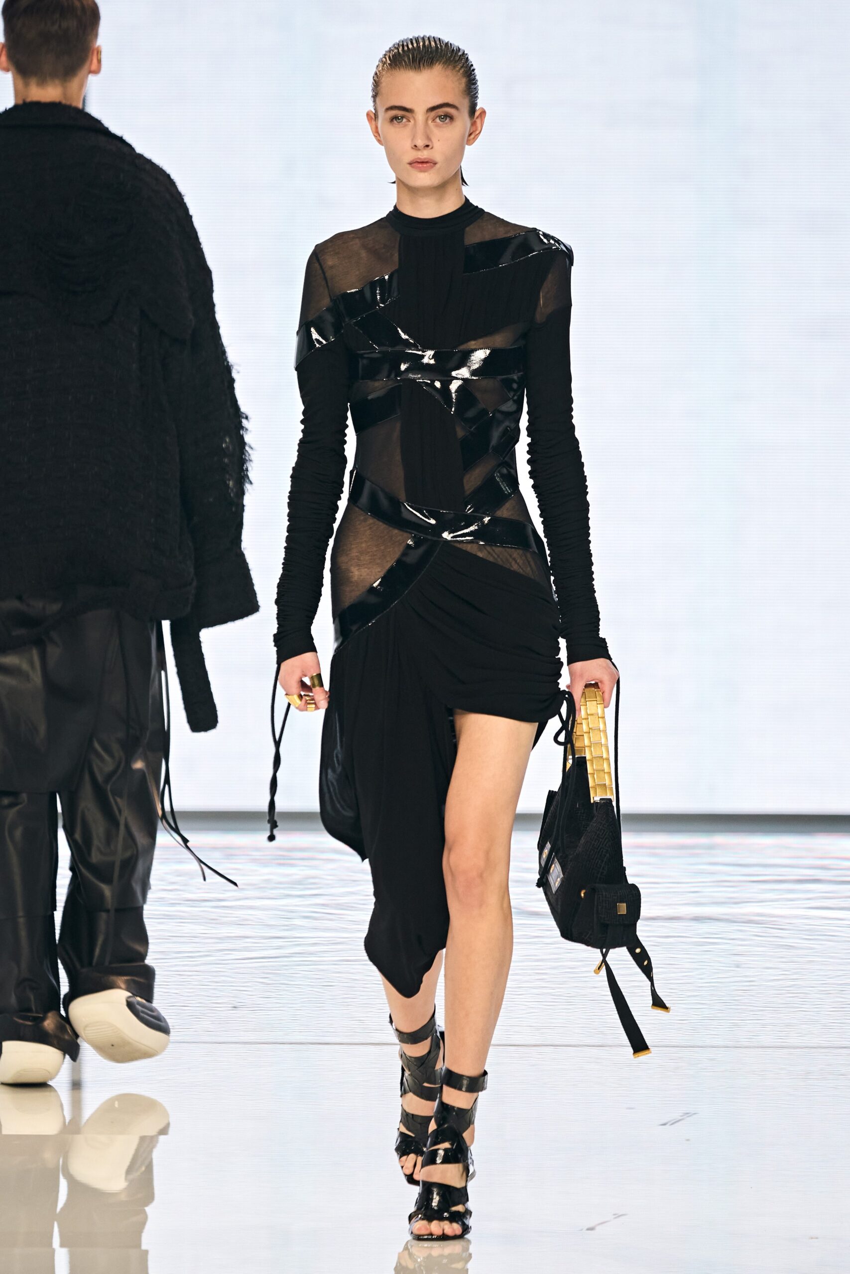 black silk long-sleeve high-neck fitted draped shiny dress