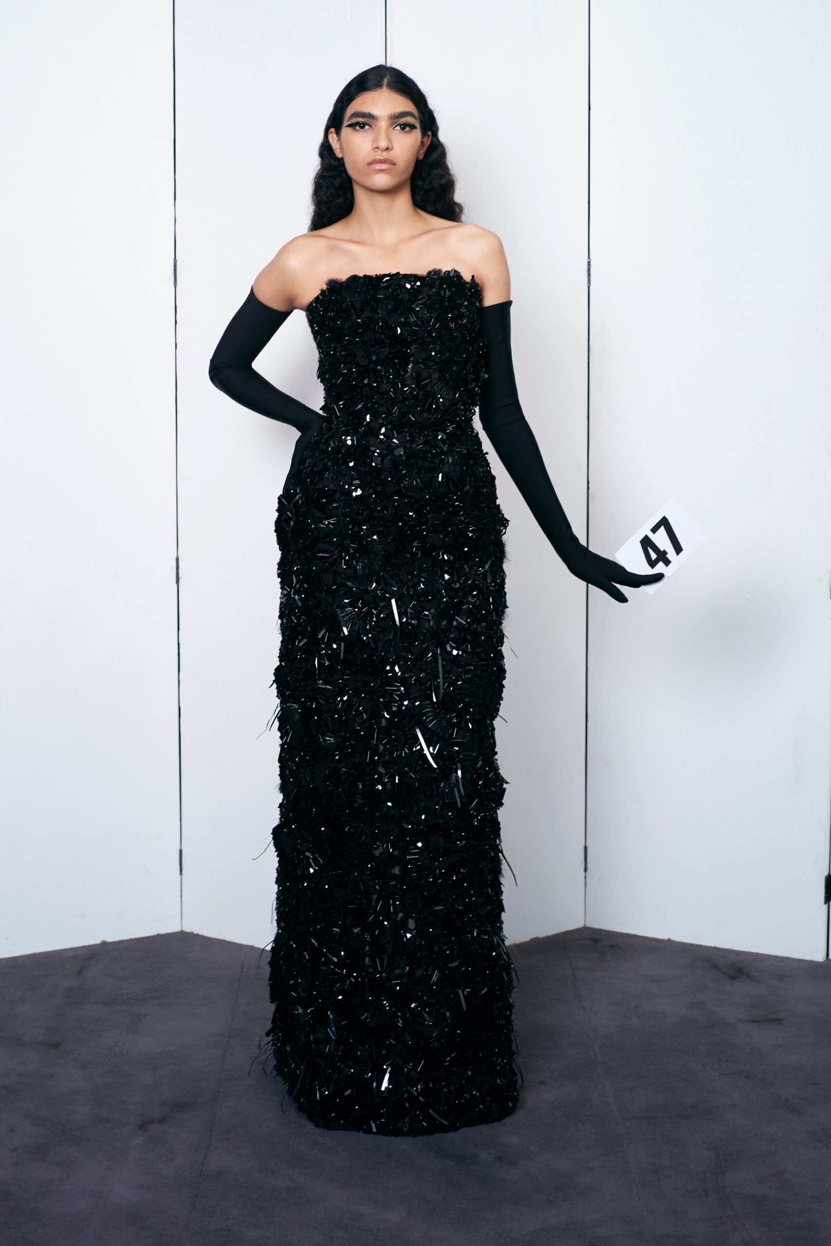 black strapless embellished gown