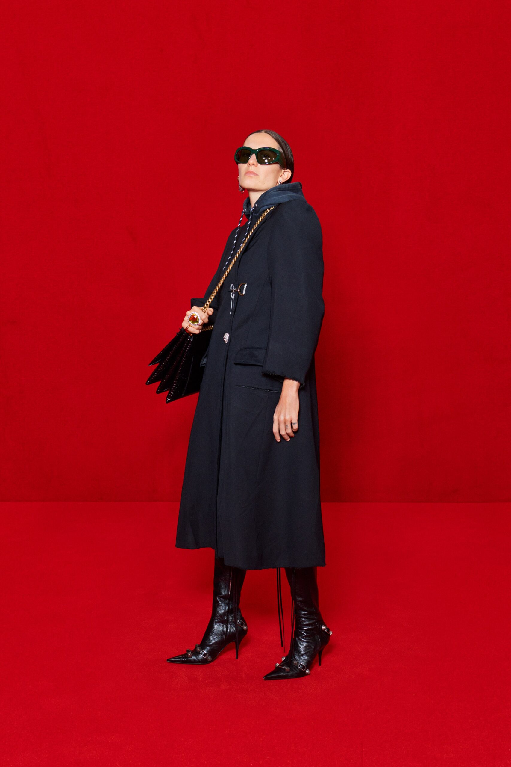 black wool long-sleeve collared relaxed pockets coat