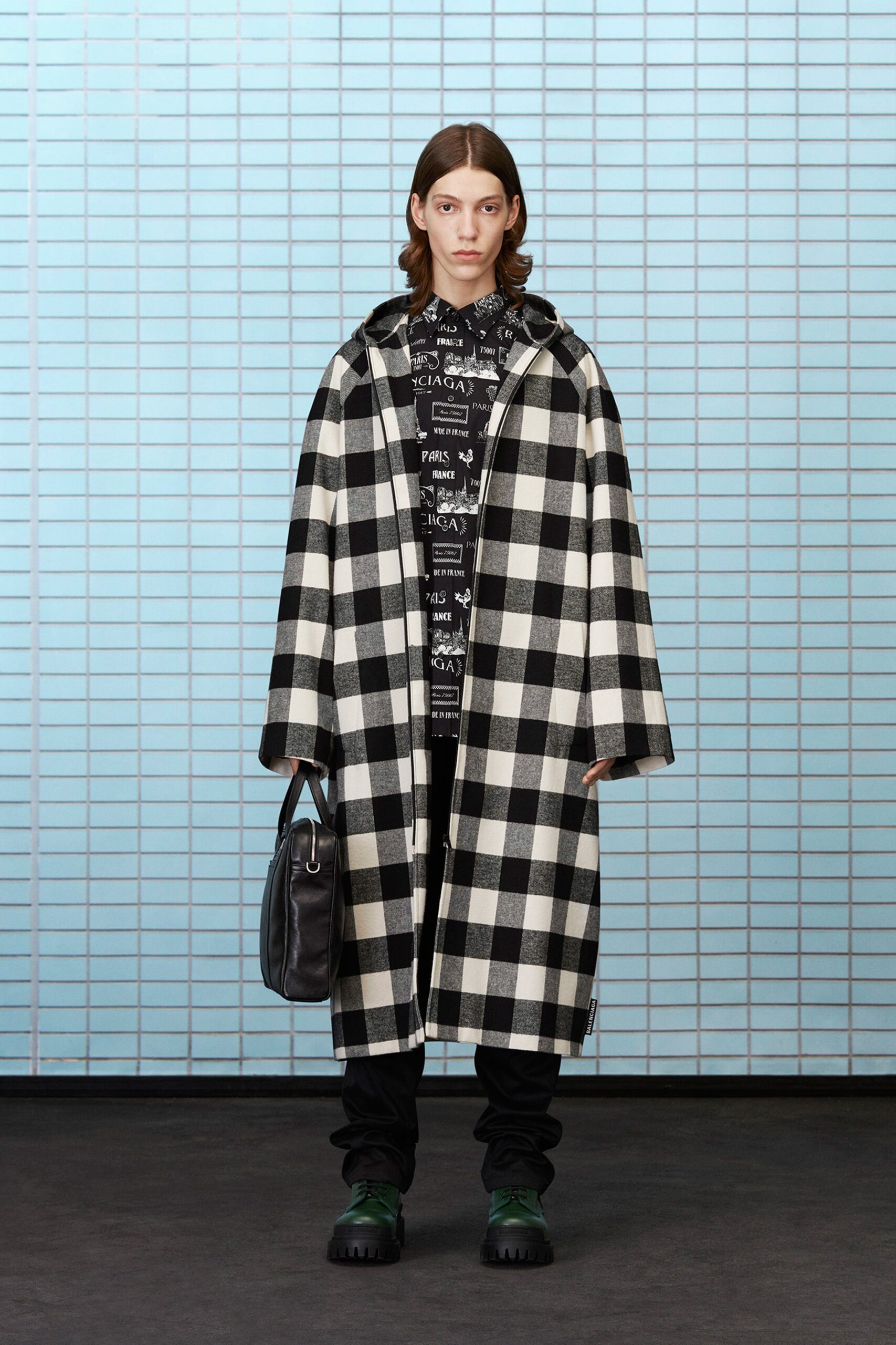 black wool long-sleeve collared oversized checked coat