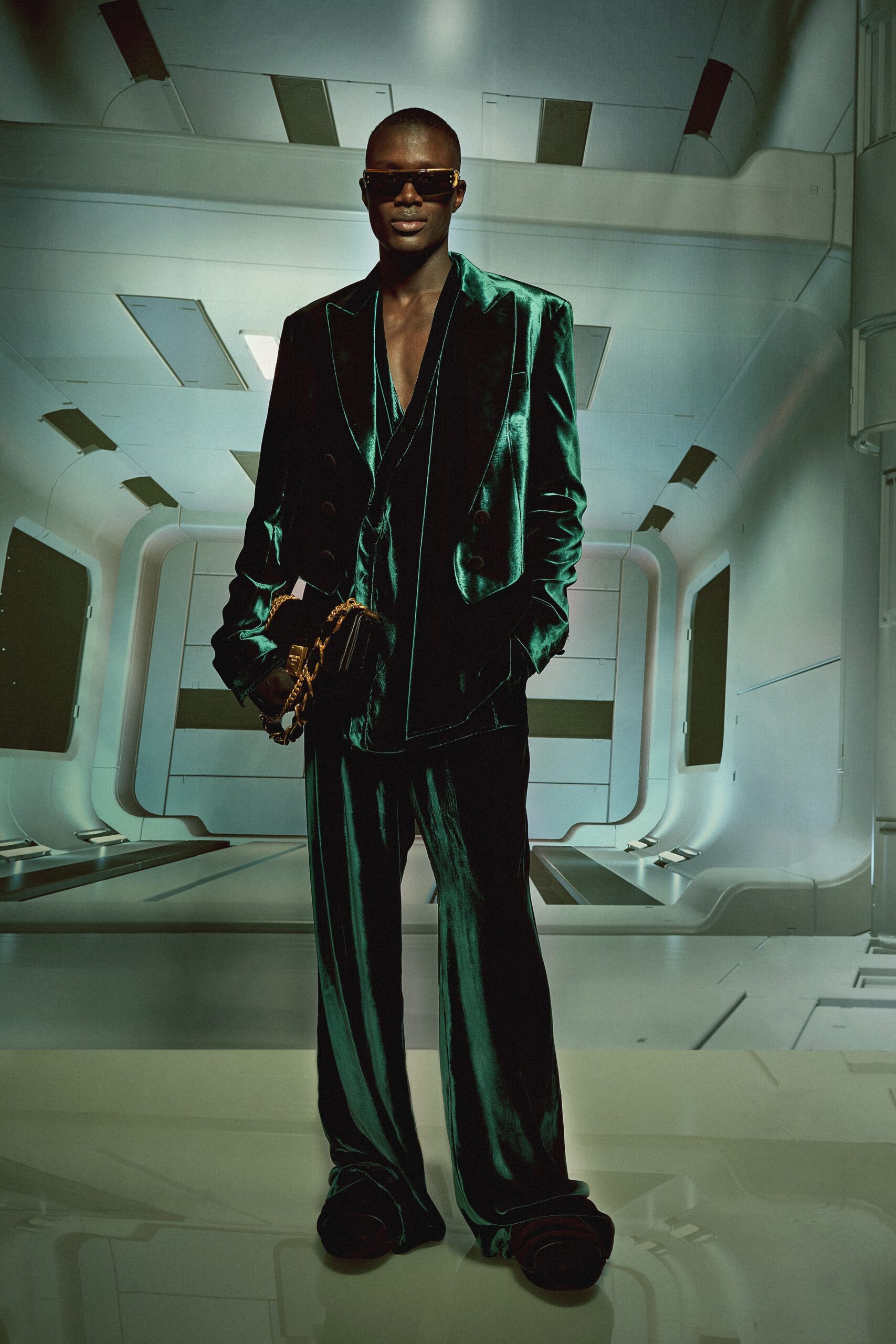 green velvet relaxed suit