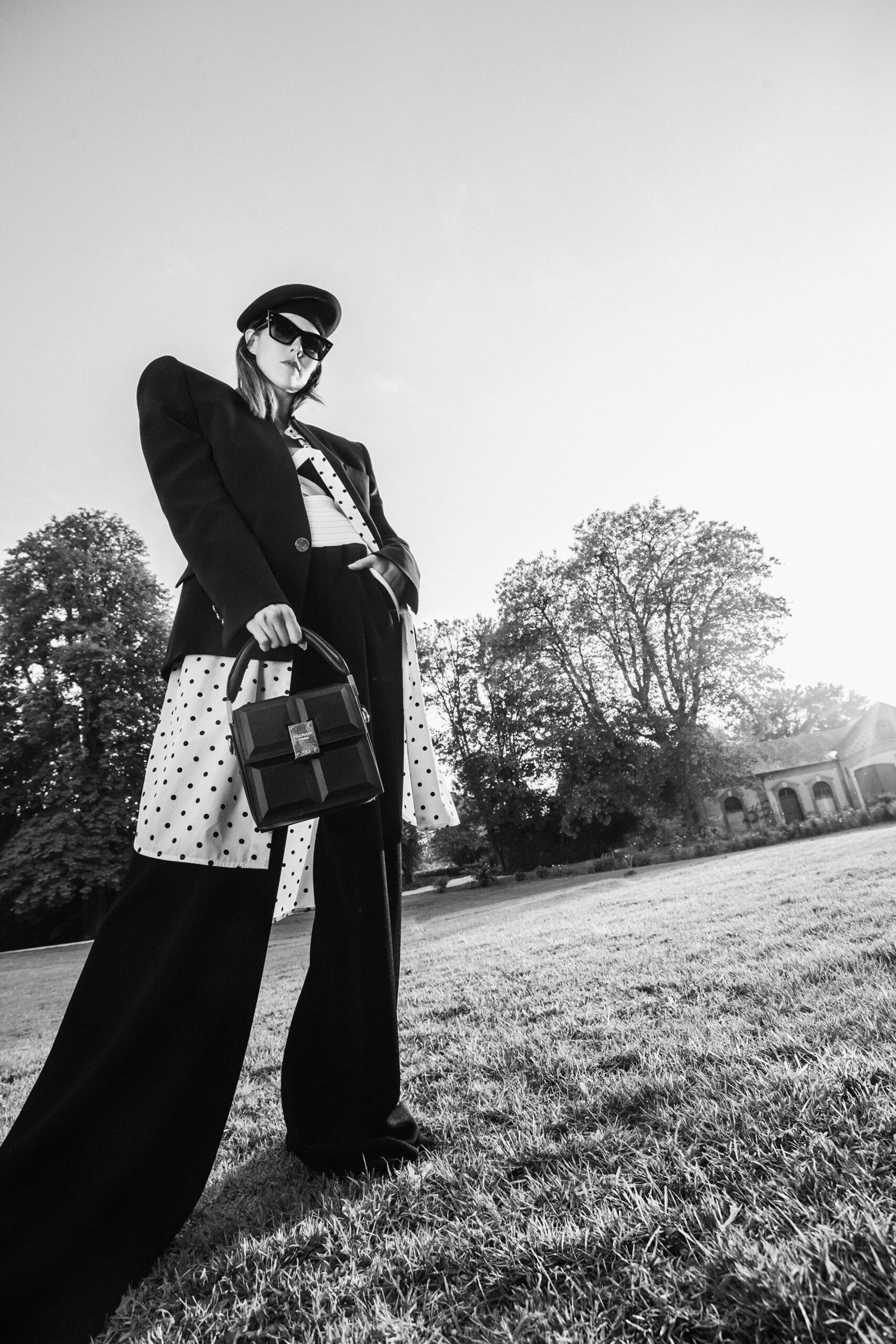 black blazer white polka-dot dress