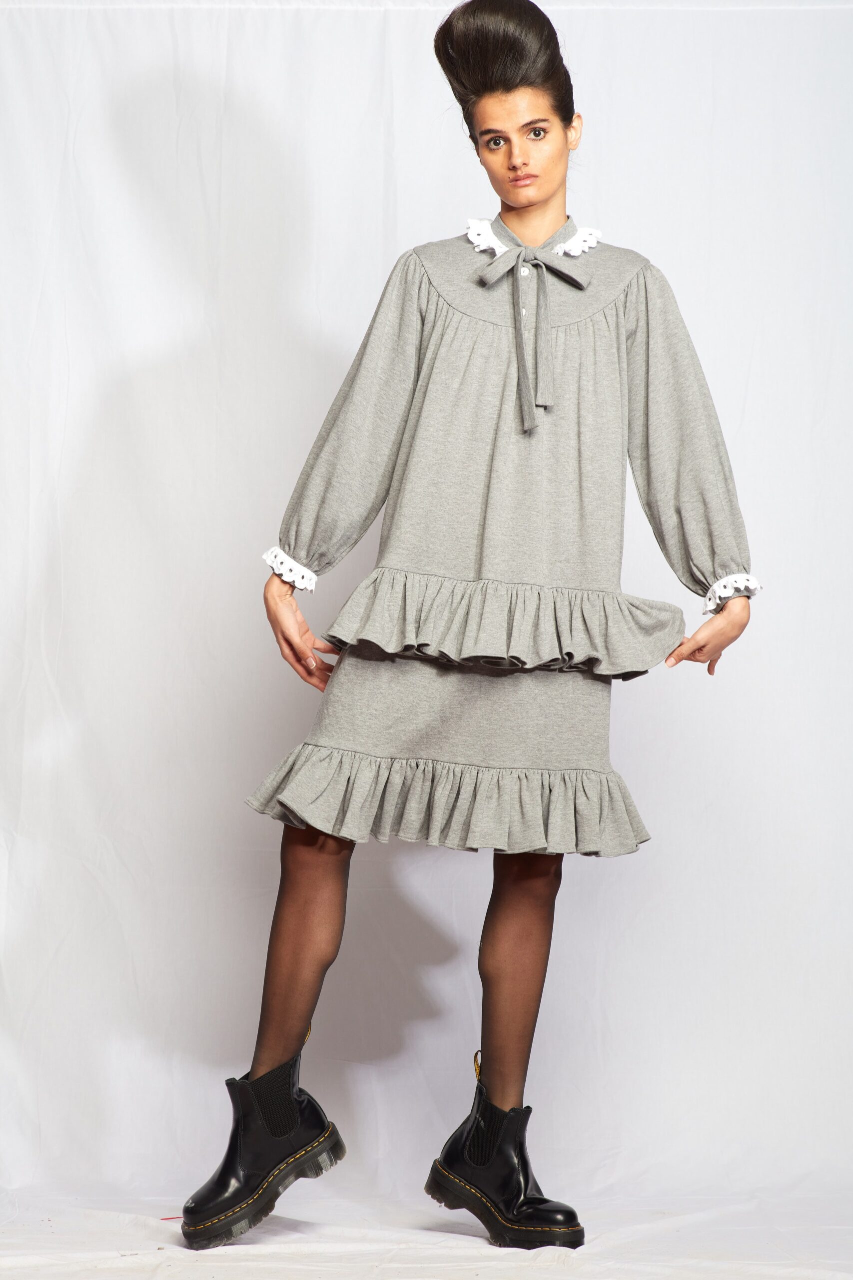 gray cotton long-sleeve collared relaxed tiered ruffled dress