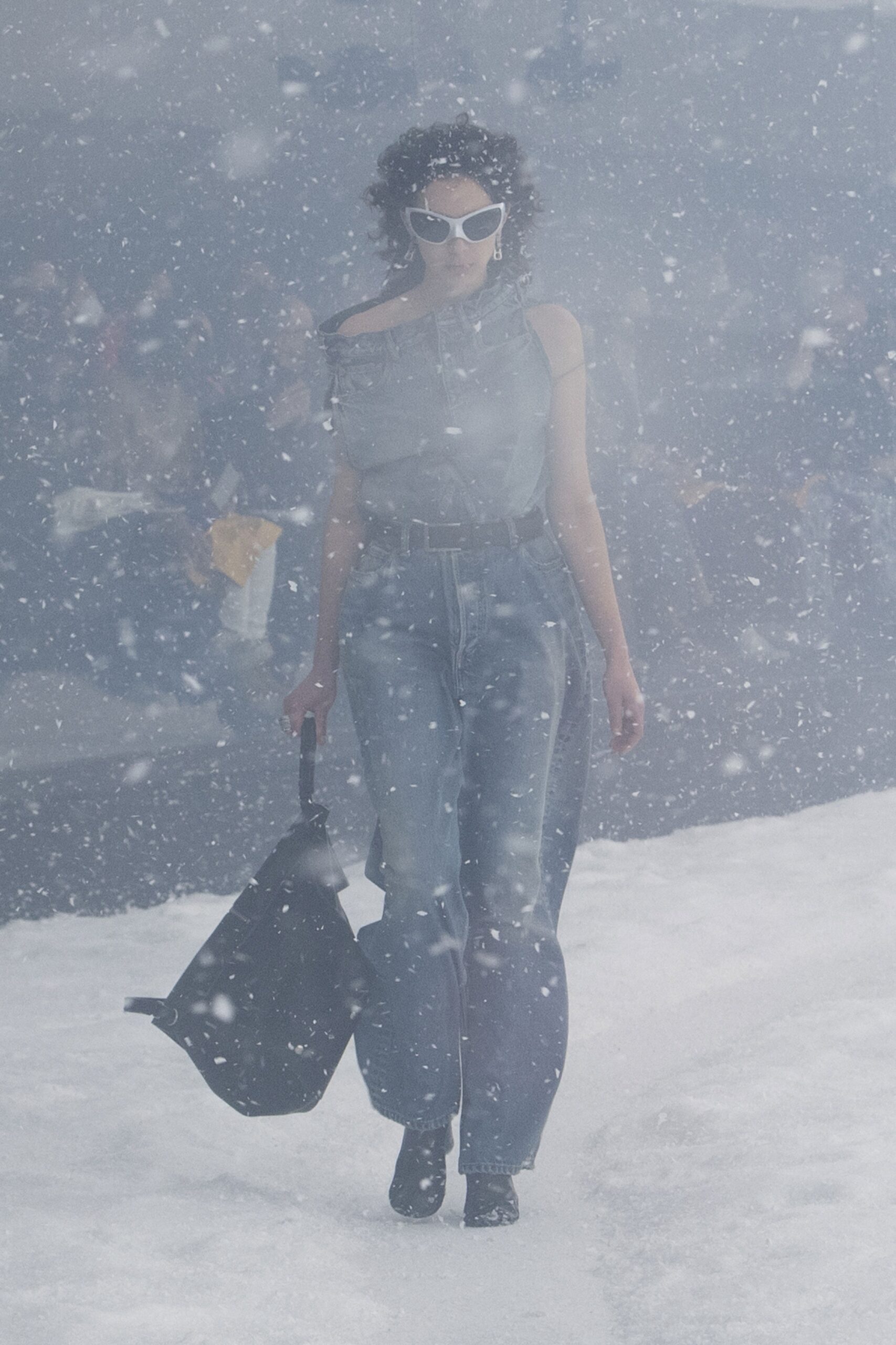 blue denim sleeveless off-shoulder fitted top