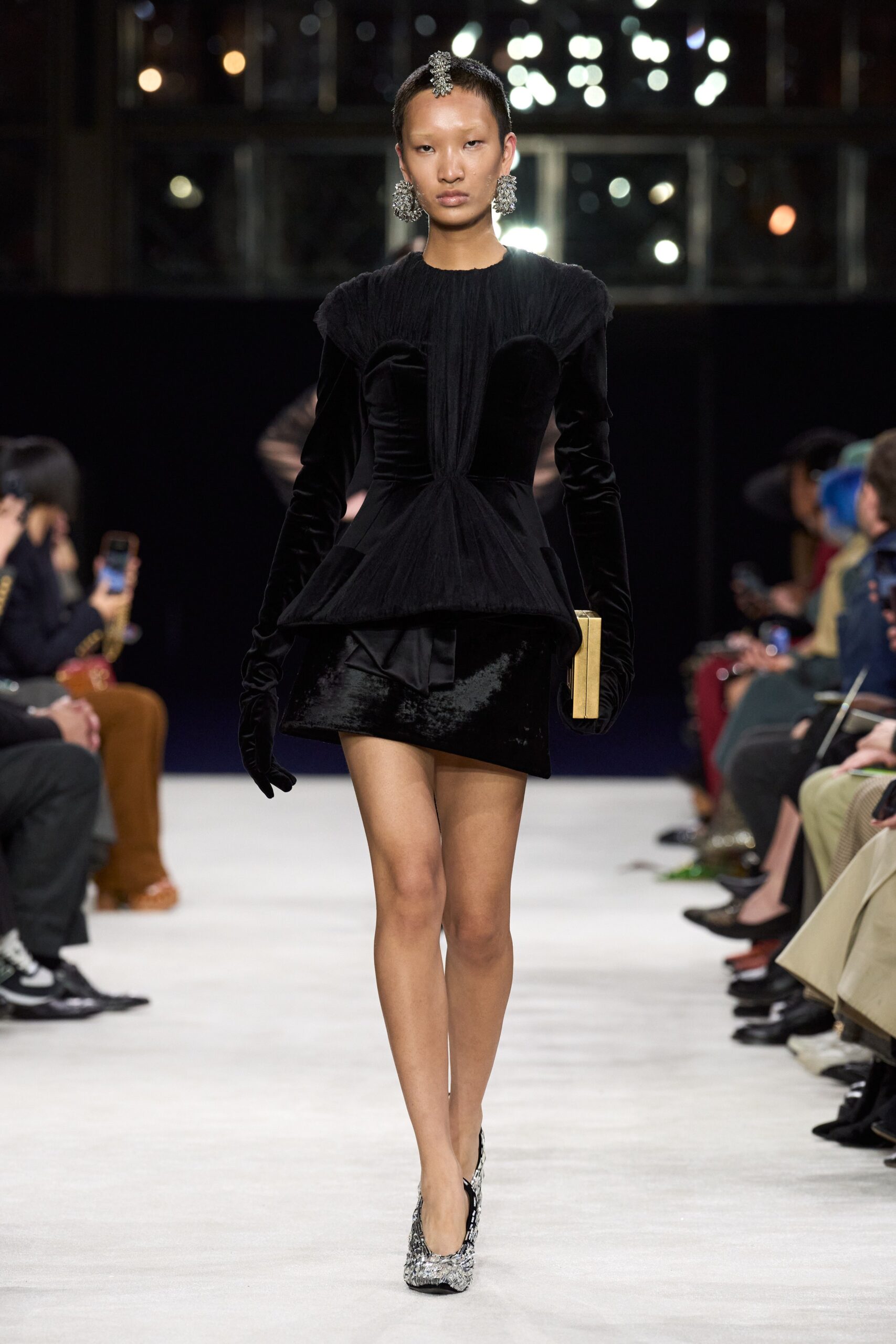 black velvet long-sleeve v-neck fitted flared mini dress