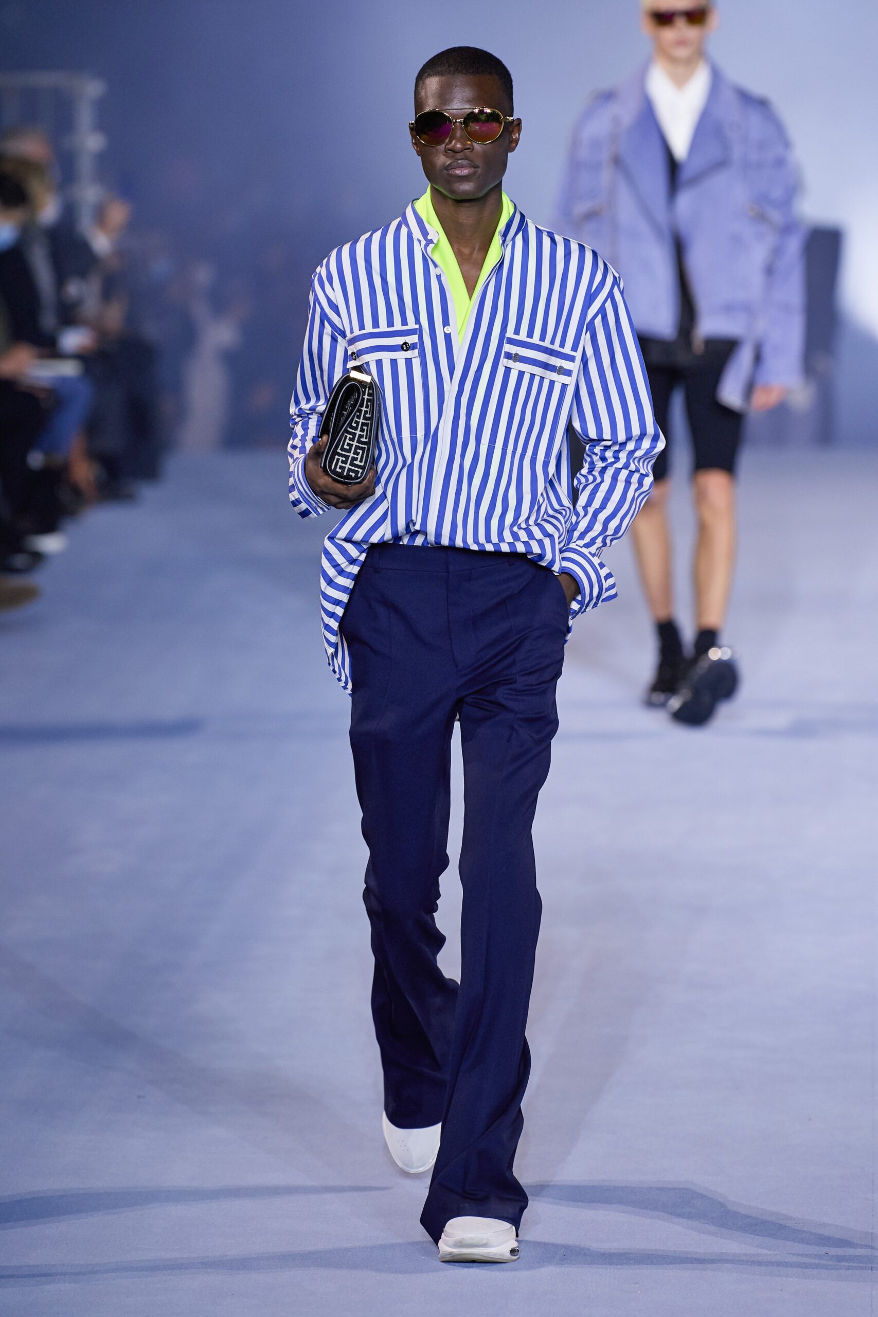 blue and white striped shirt with navy pants