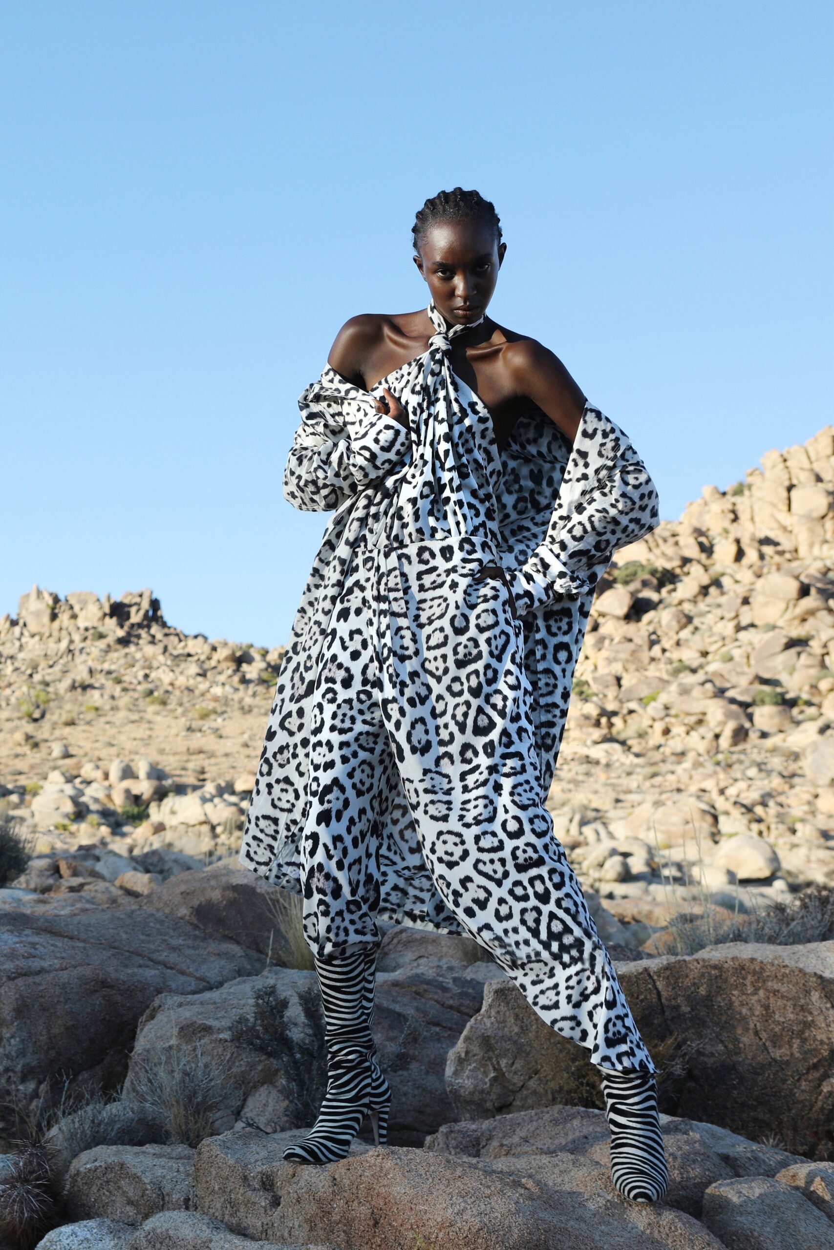 animal-print midi dress with striped boots