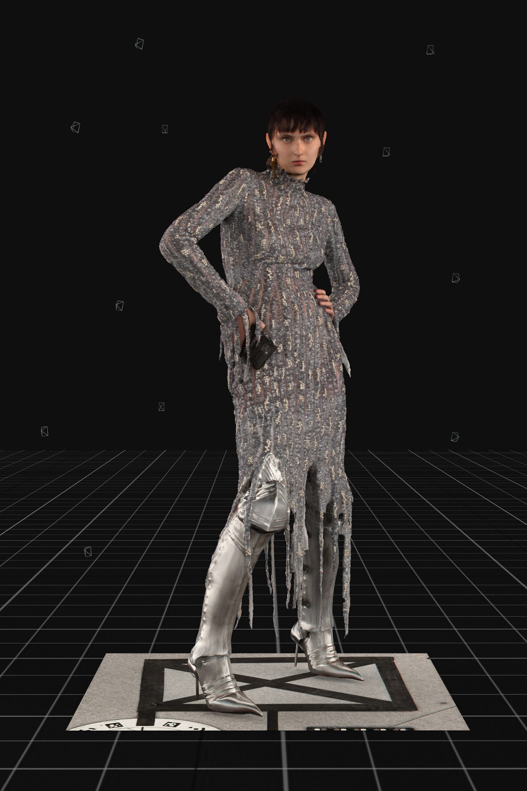 gray metallic long-sleeve high-neck fitted draped tiered dress