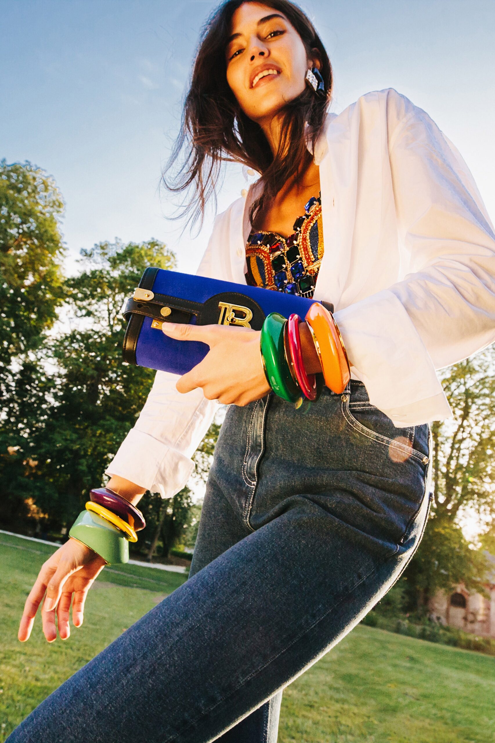 white shirt blue denim pants