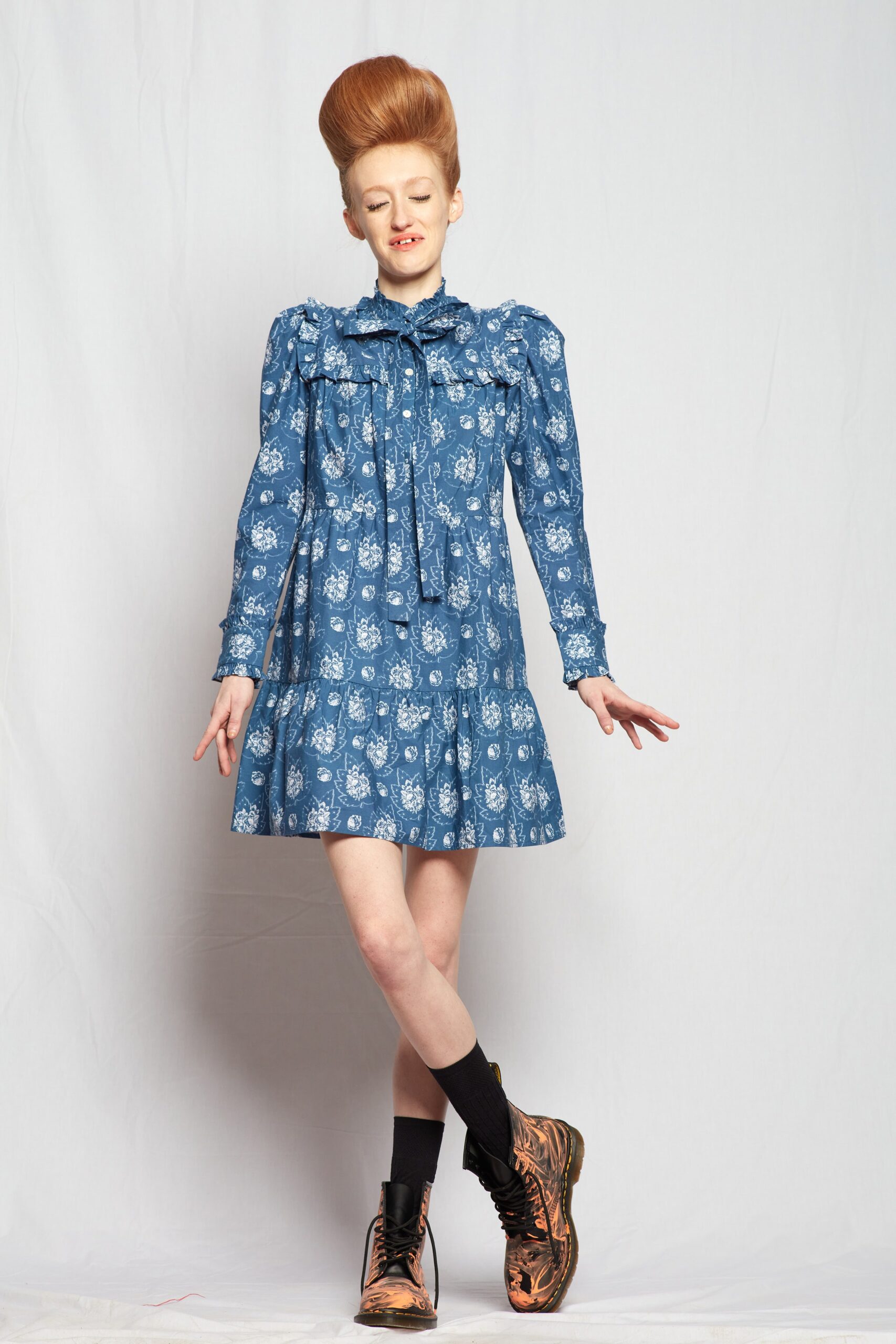 blue cotton long-sleeve dress