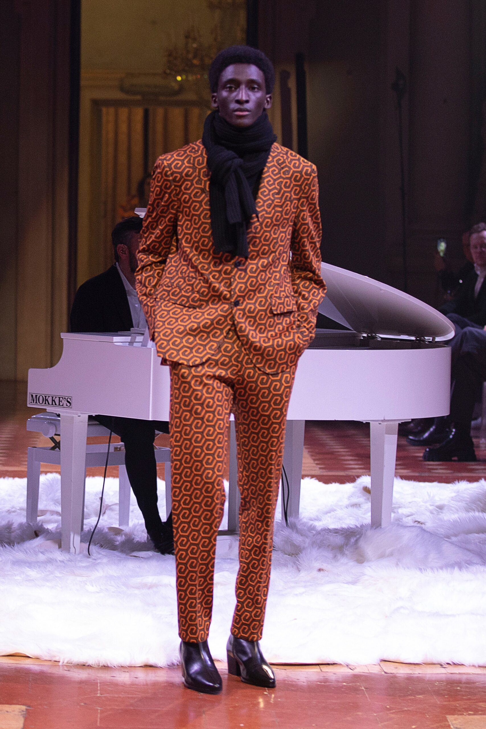 orange printed tailored suit
