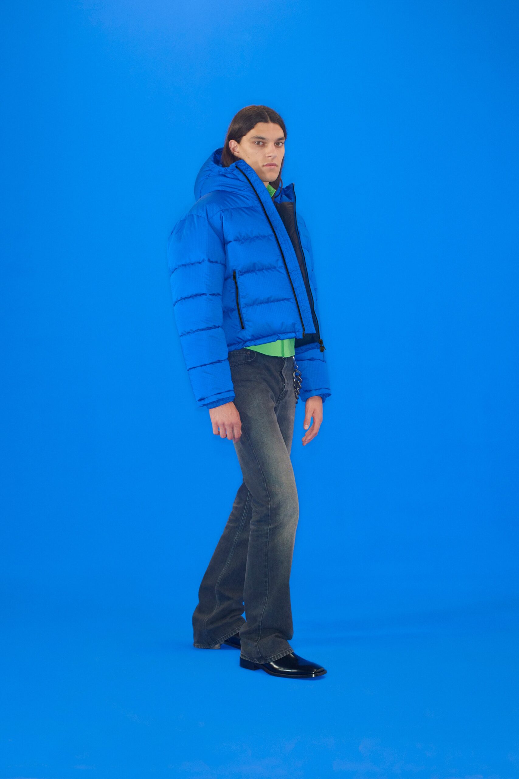 blue jersey long-sleeve hooded fitted zippered jacket
