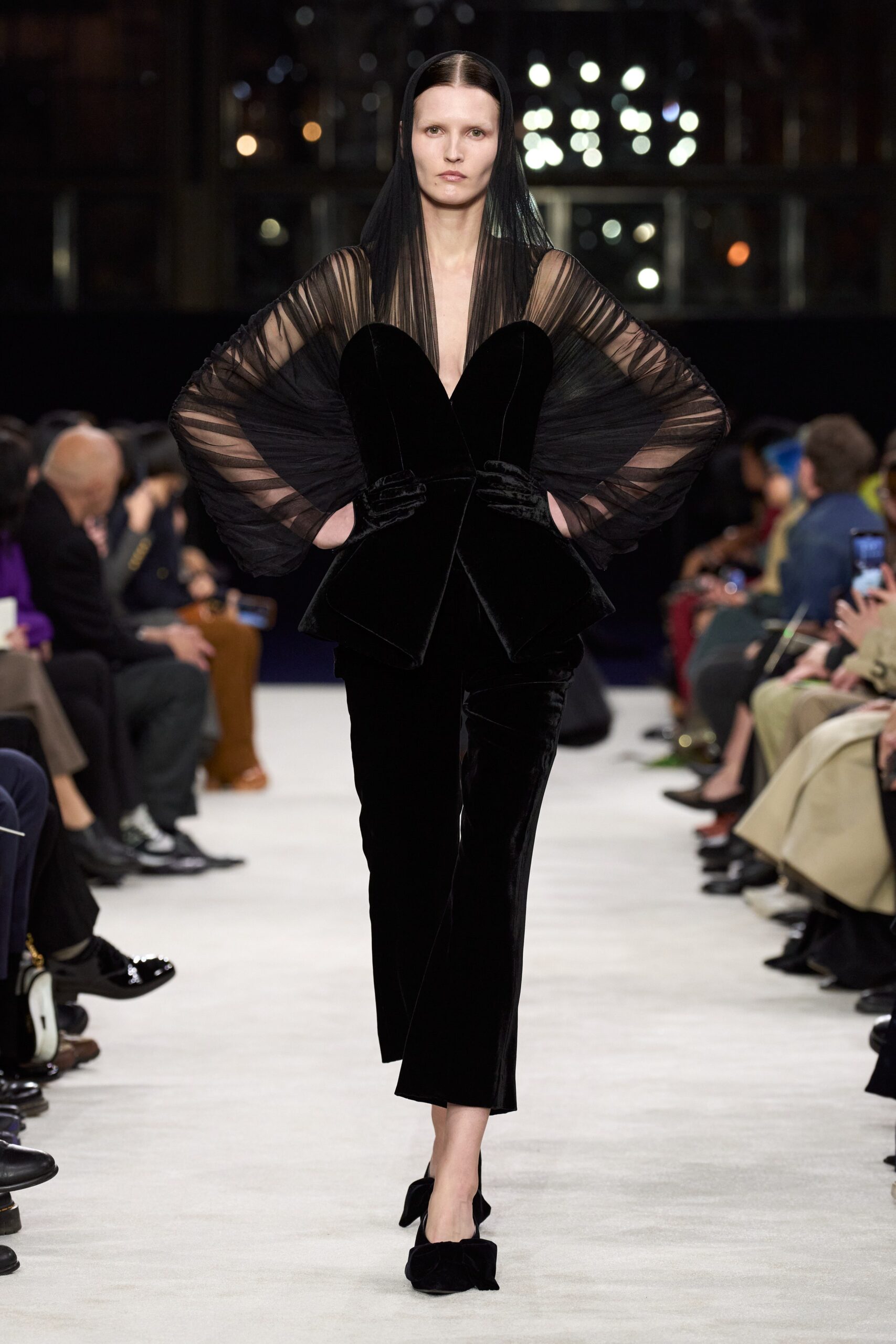 black silk long-sleeve v-neck fitted draped flared top