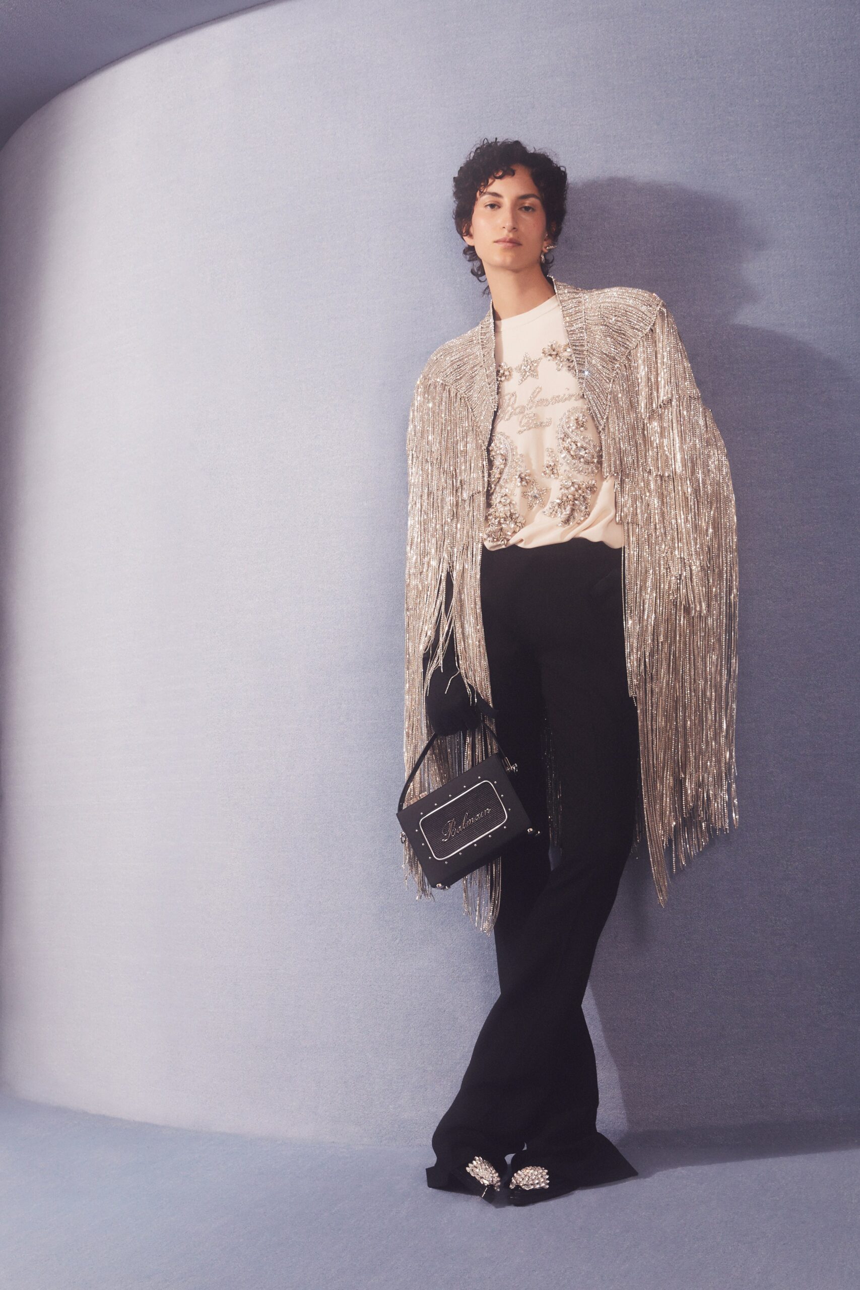 gray metallic oversized fringed shiny cape
