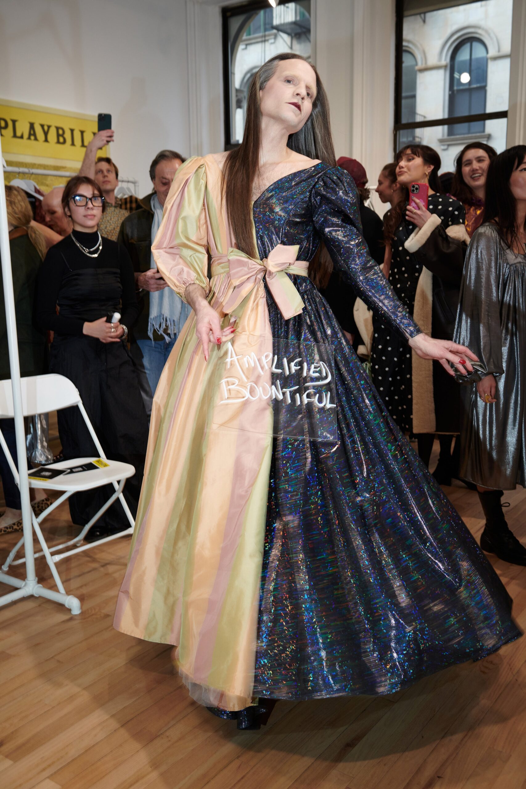 black and pink shiny midi dress