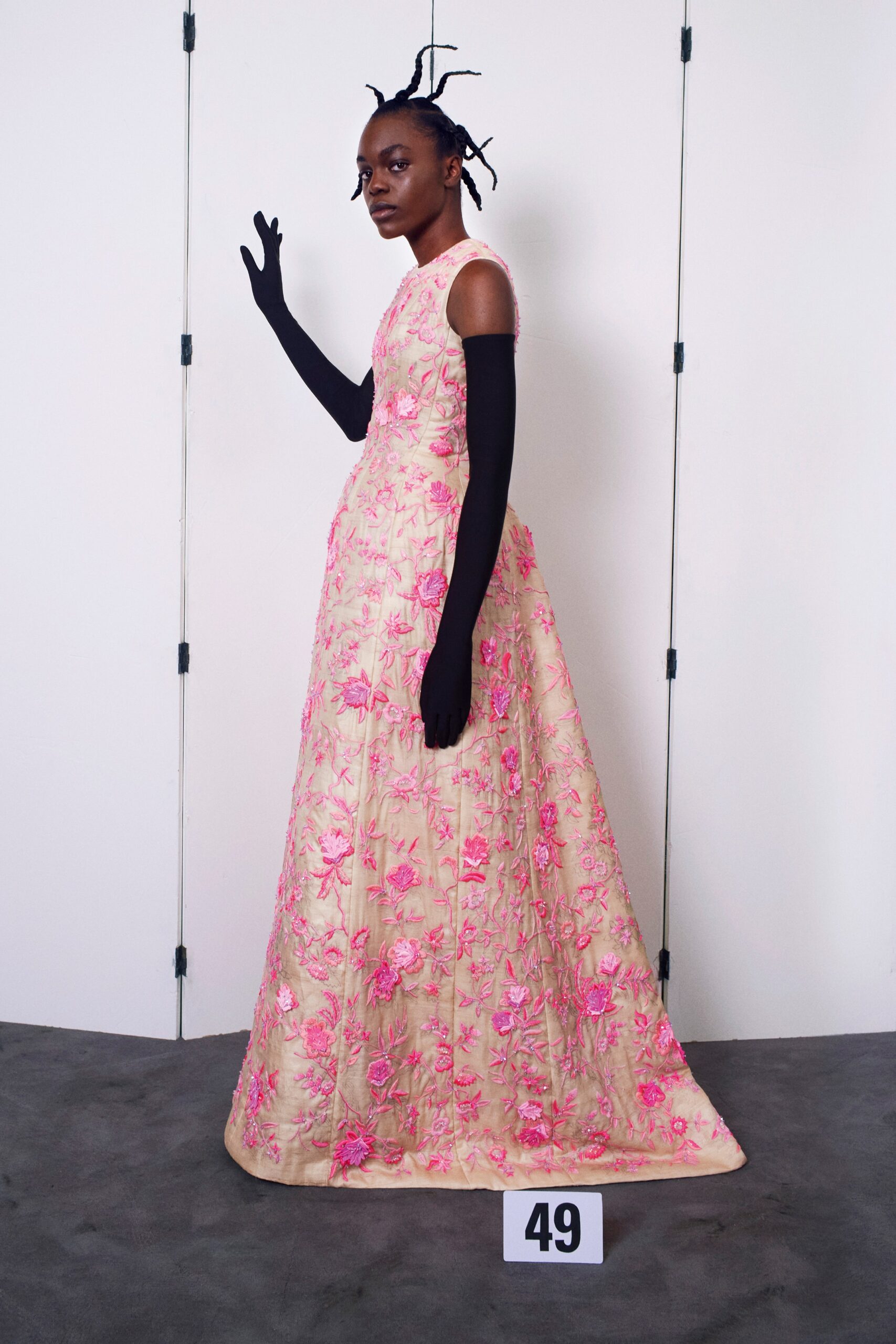 pink silk sleeveless high-neck fitted embroidered maxi gown