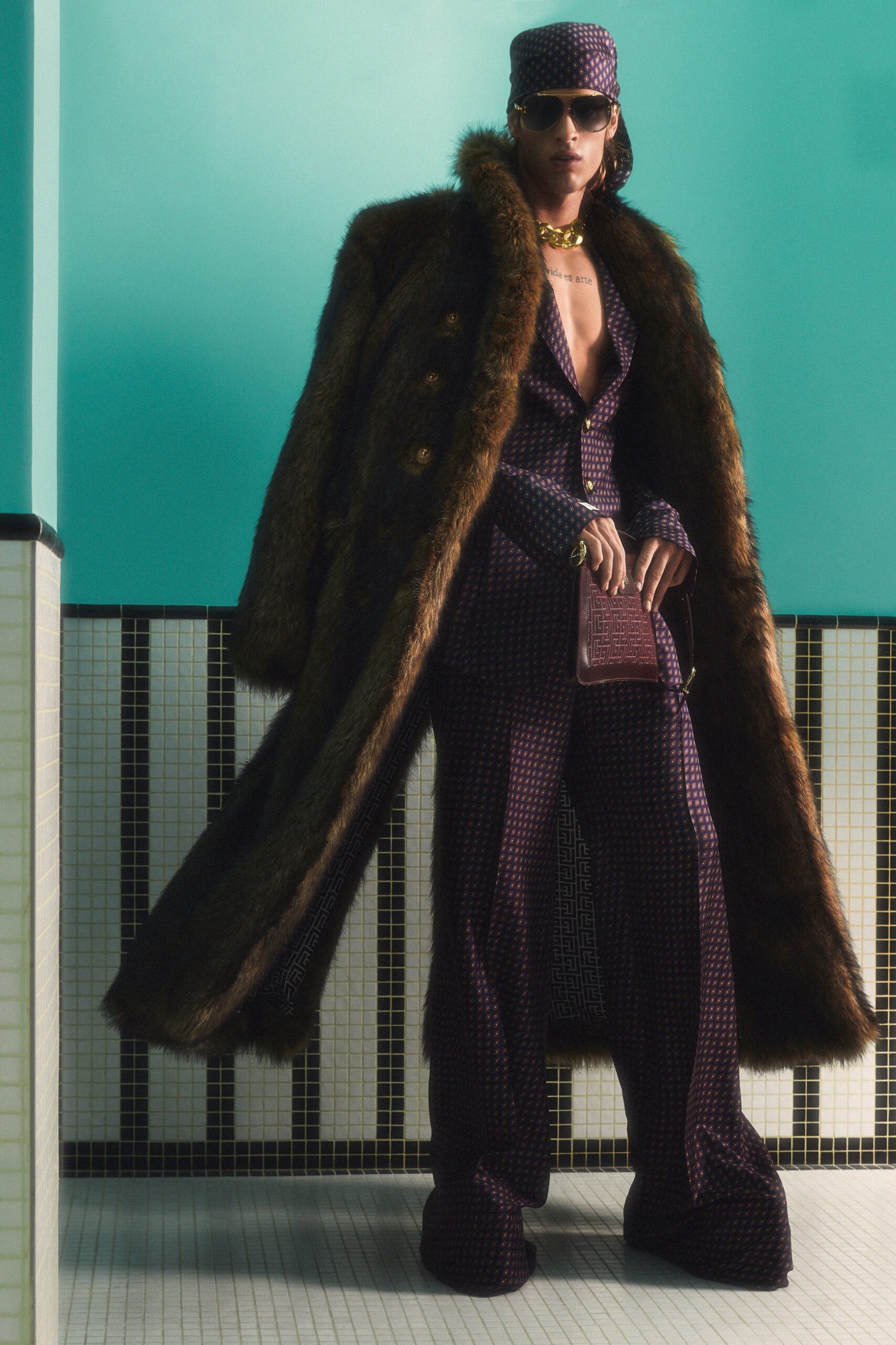 brown fur coat with purple suit