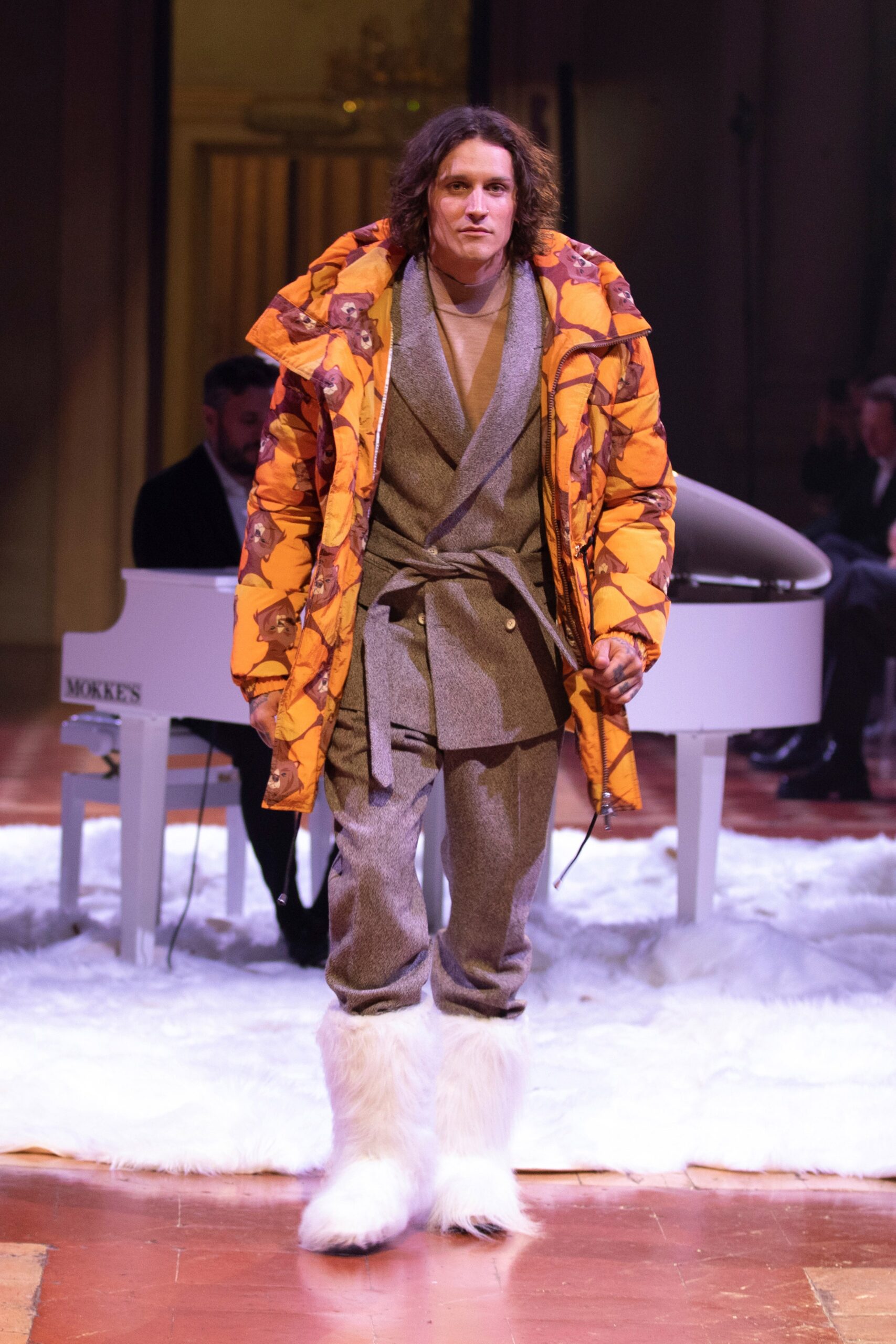 orange printed faux-fur coat