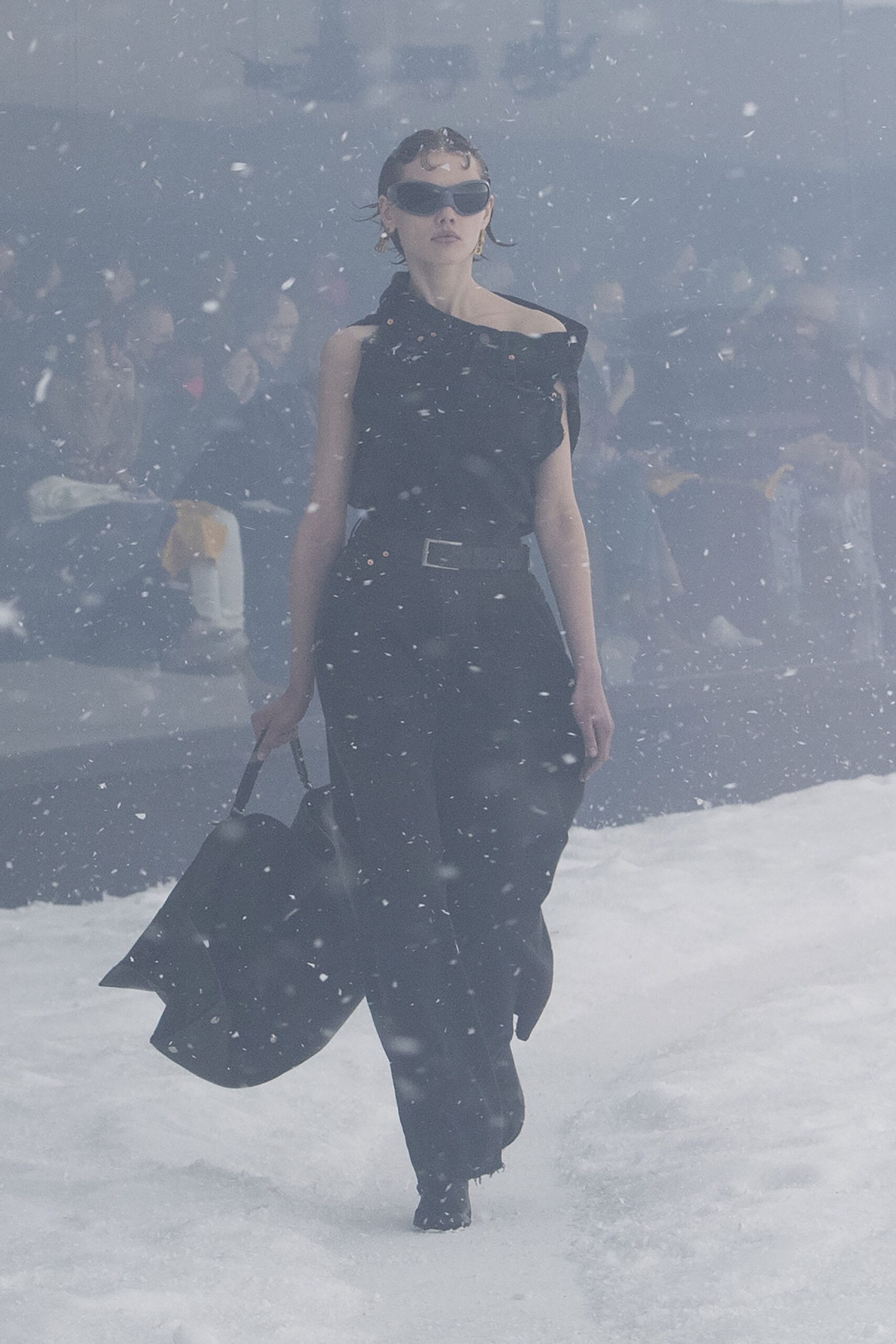 black fitted off-shoulder dress with bag