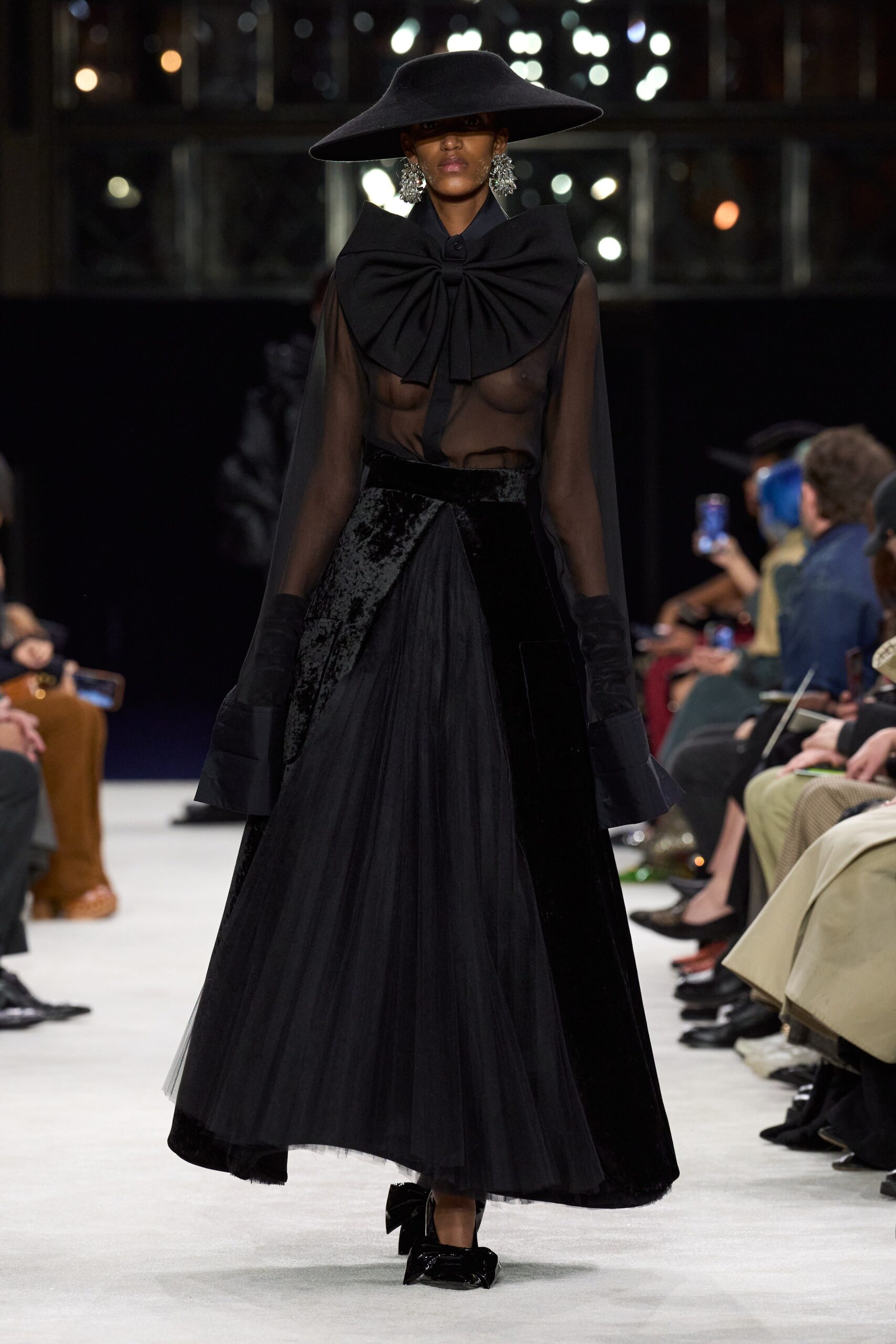 black silk tulle gown with hat