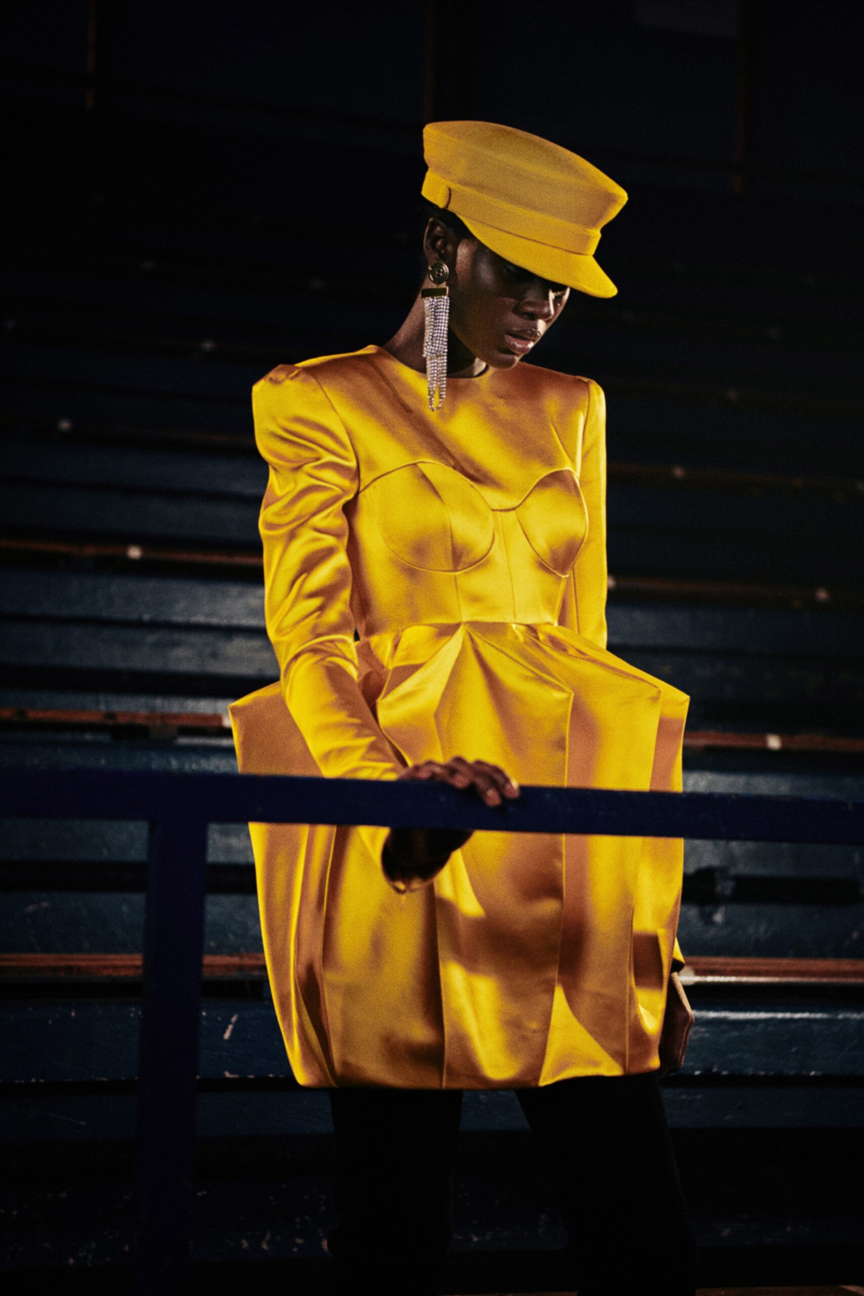 yellow satin pleated dress