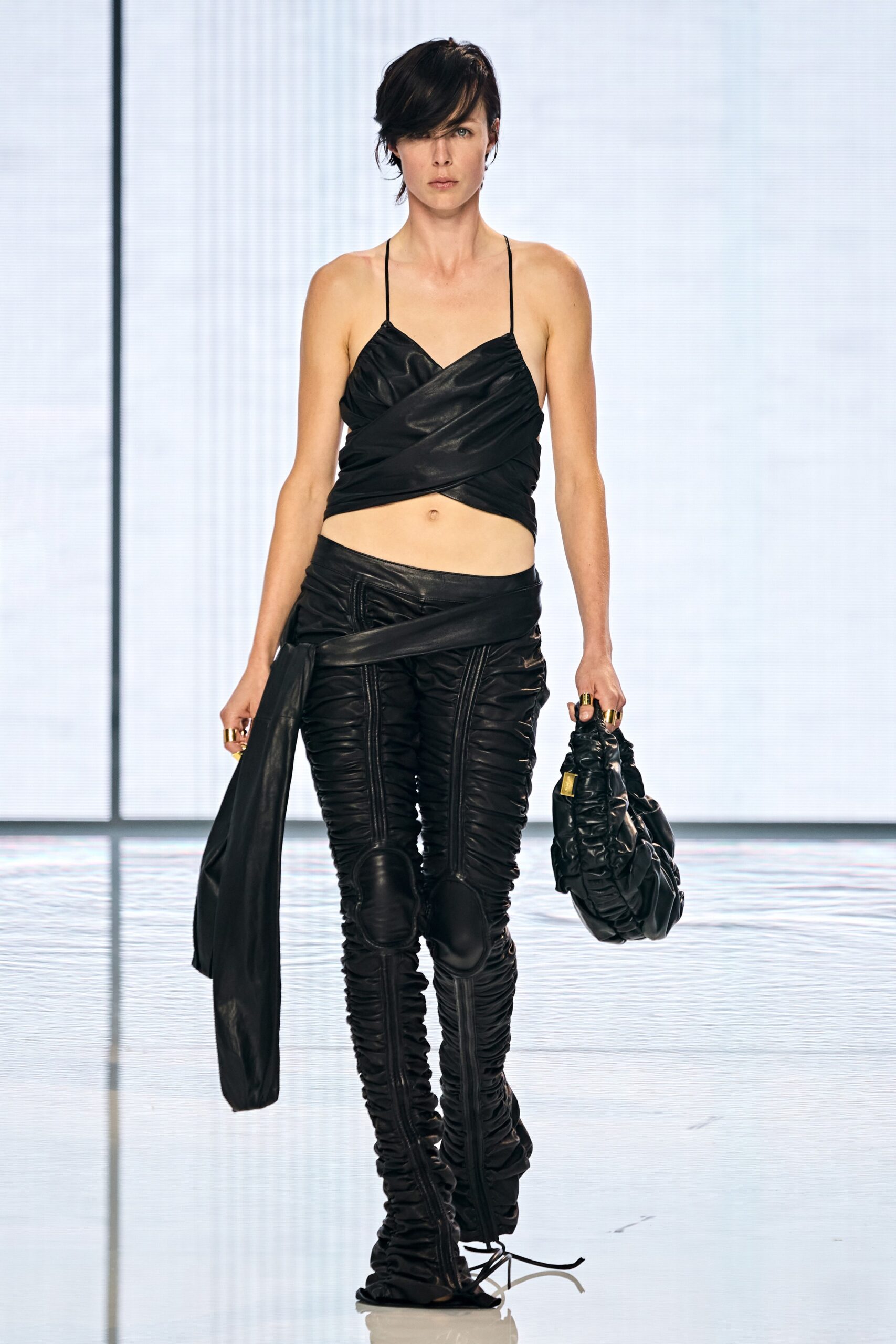 black leather sleeveless v-neck fitted ruched top