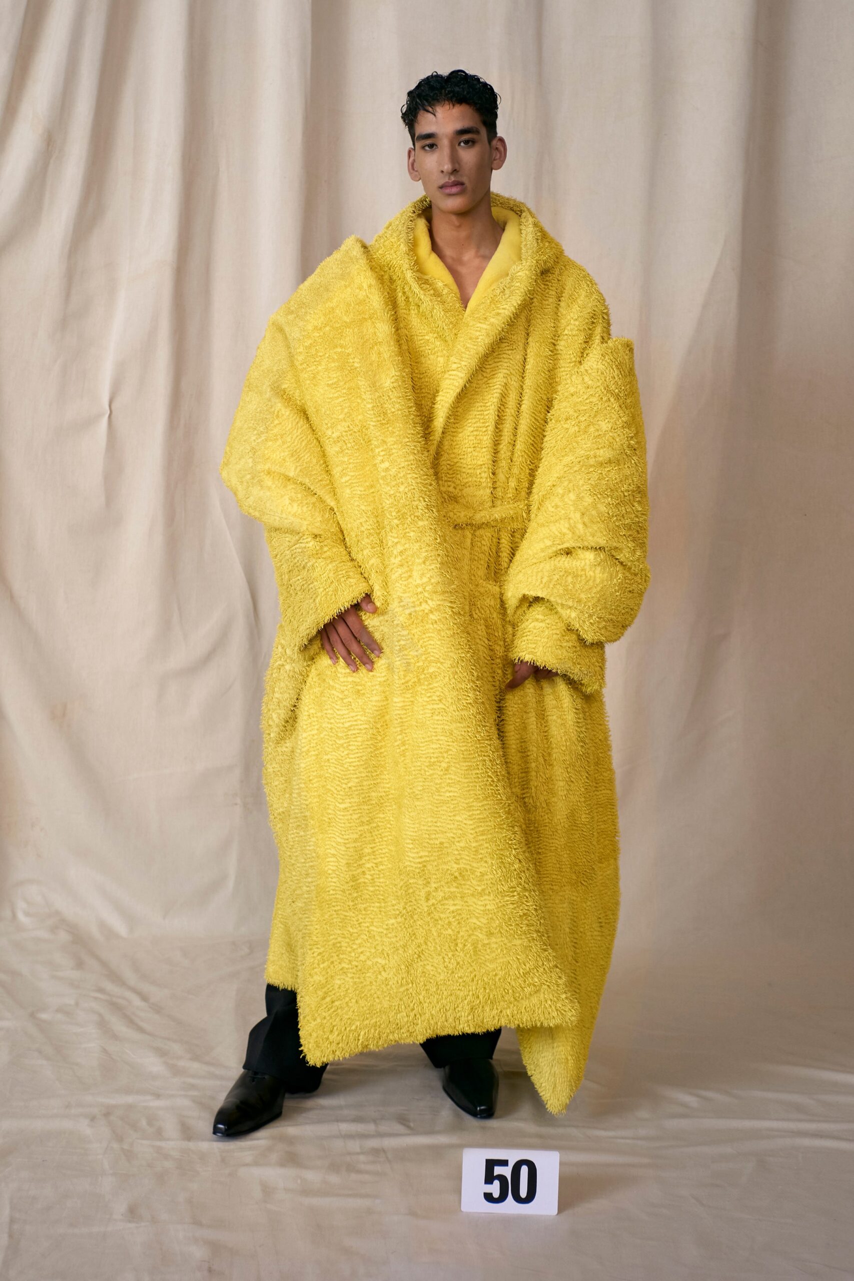 oversized yellow faux-fur coat