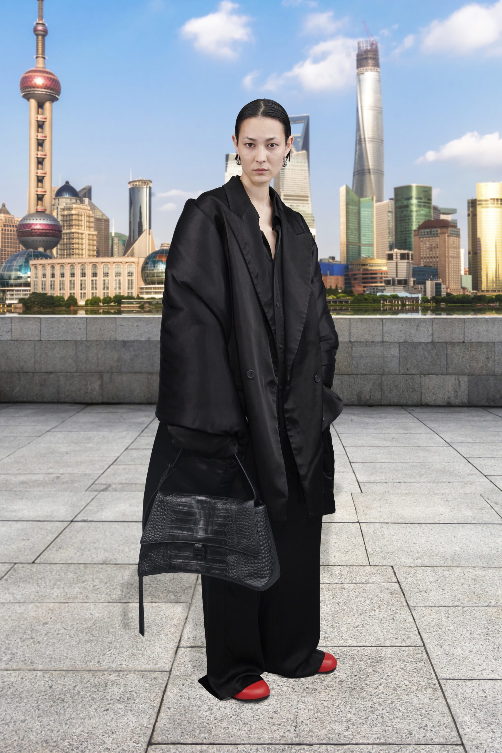 oversized black silk coat