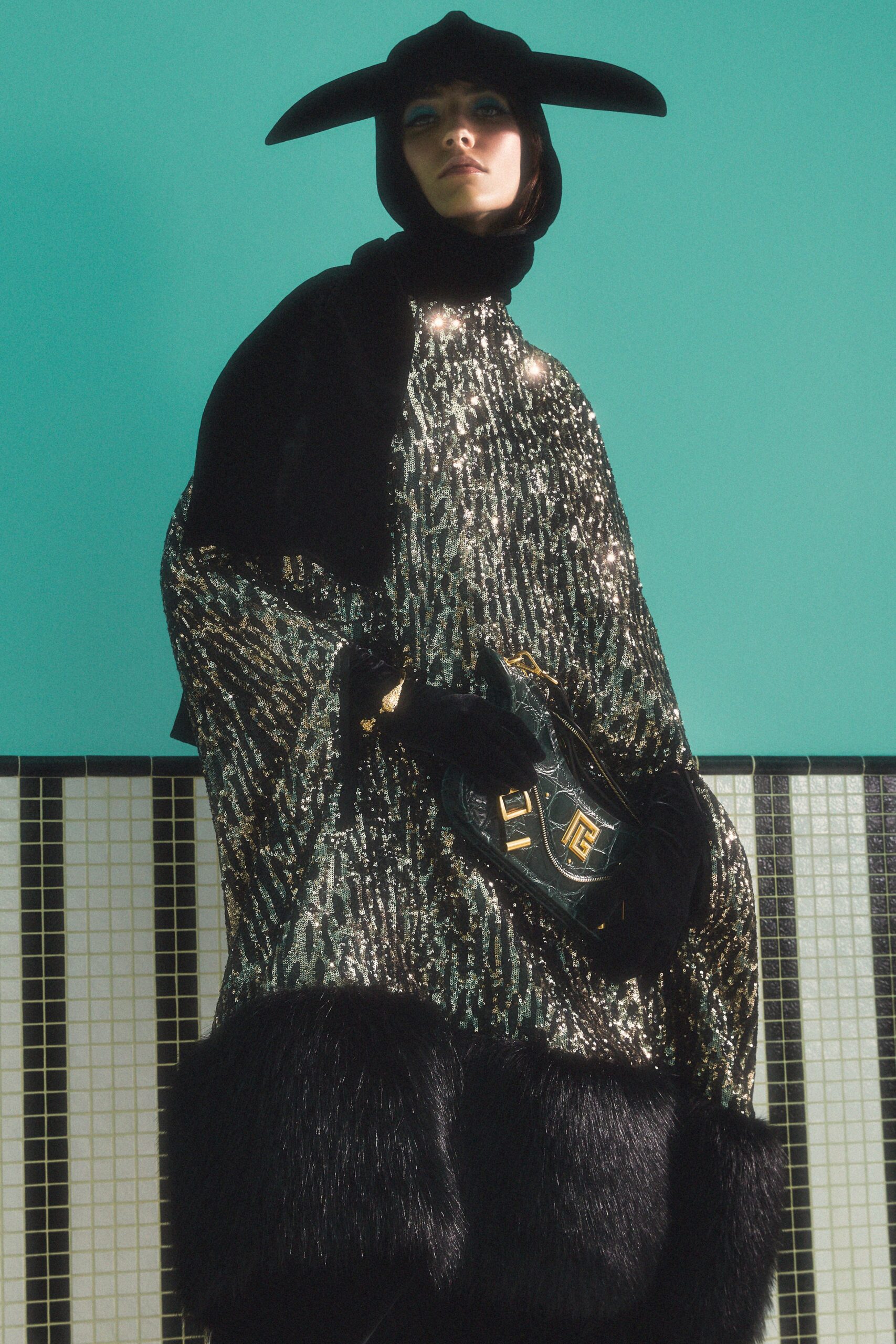 black sequin cape with faux-fur