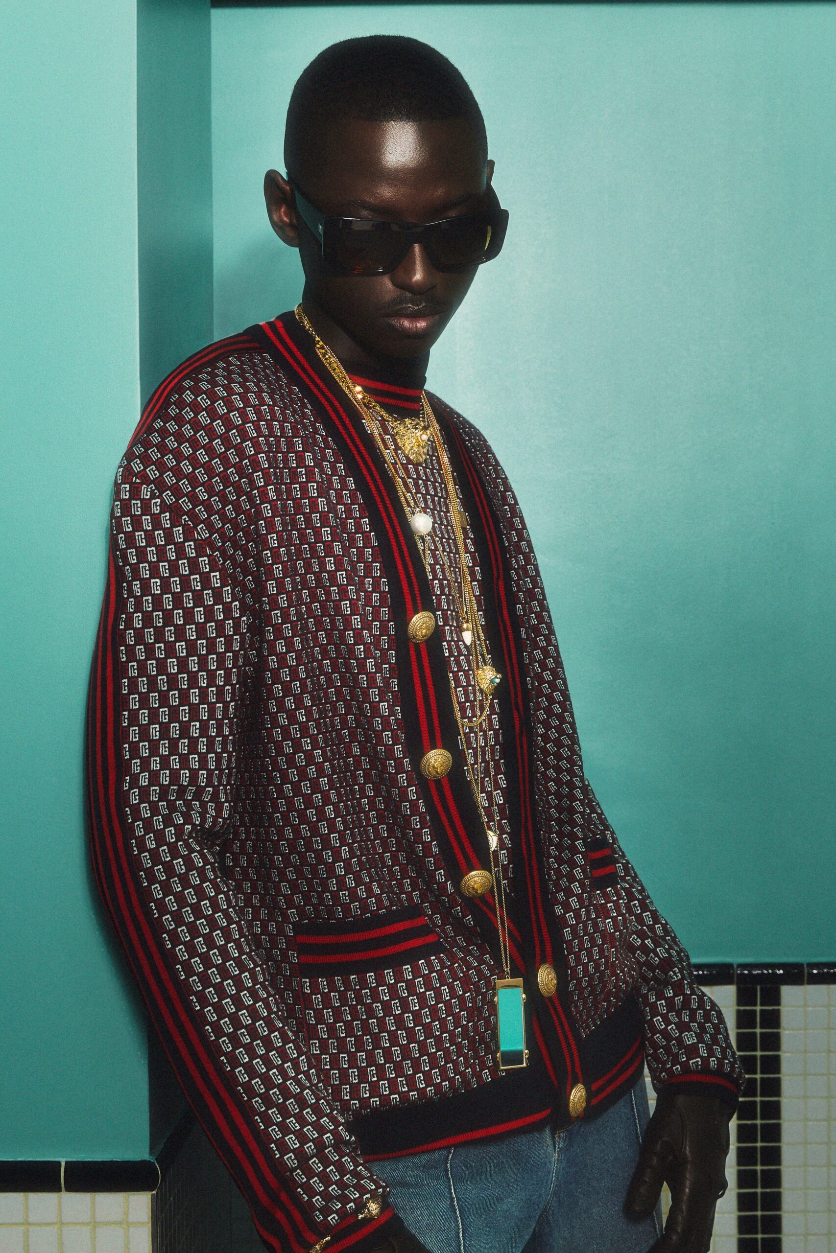 fitted printed jacket with denim pants