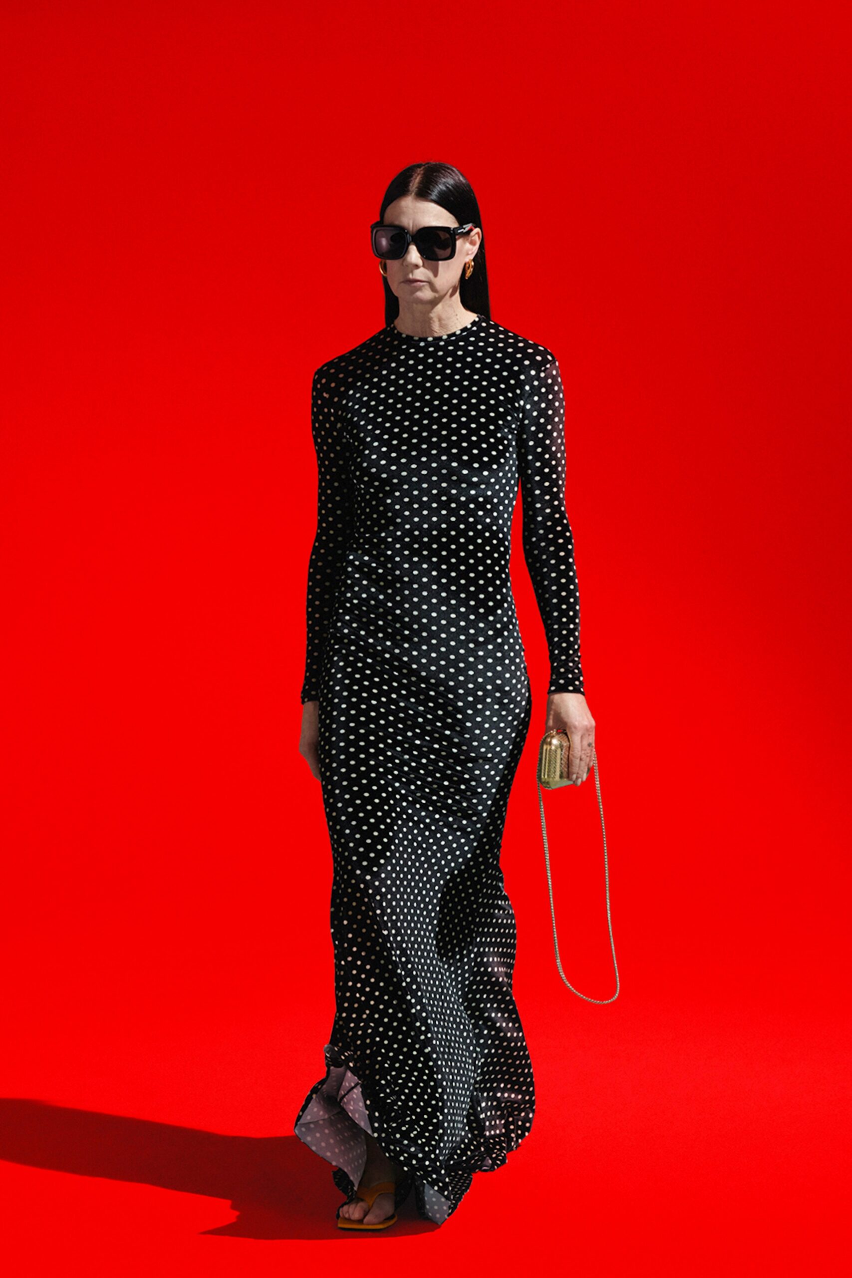 black and white polka-dot gown