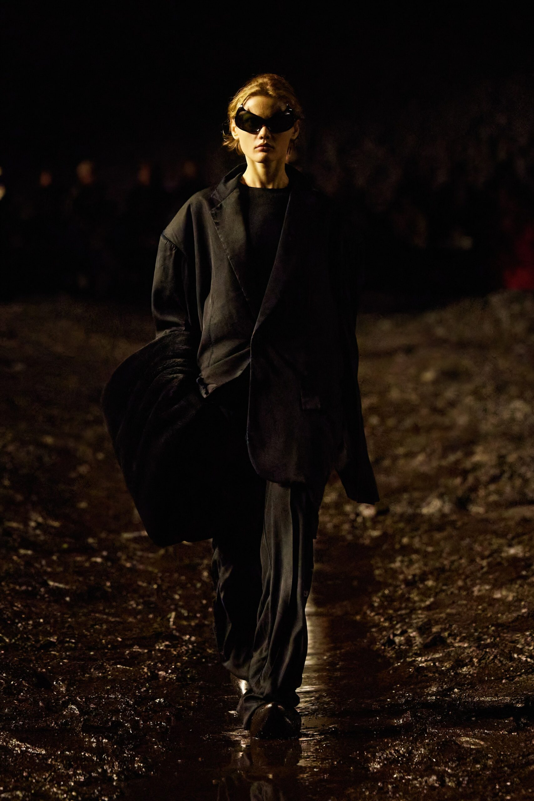 oversized black silk jacket and pants