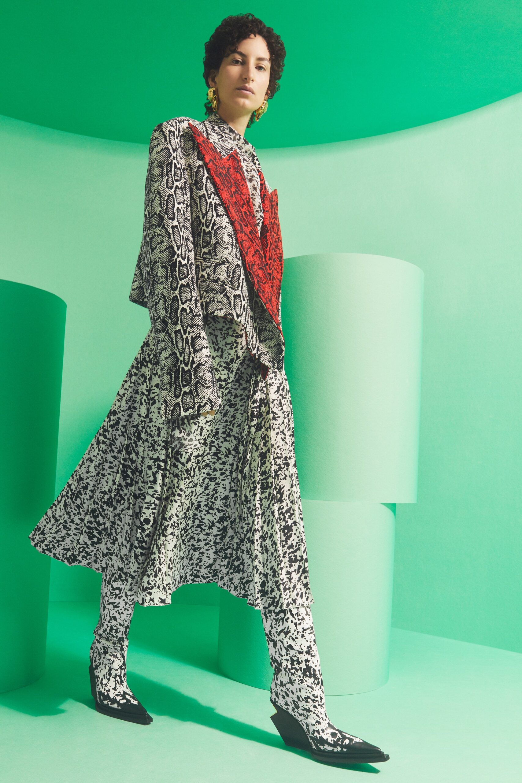 printed midi dress with layered blazer