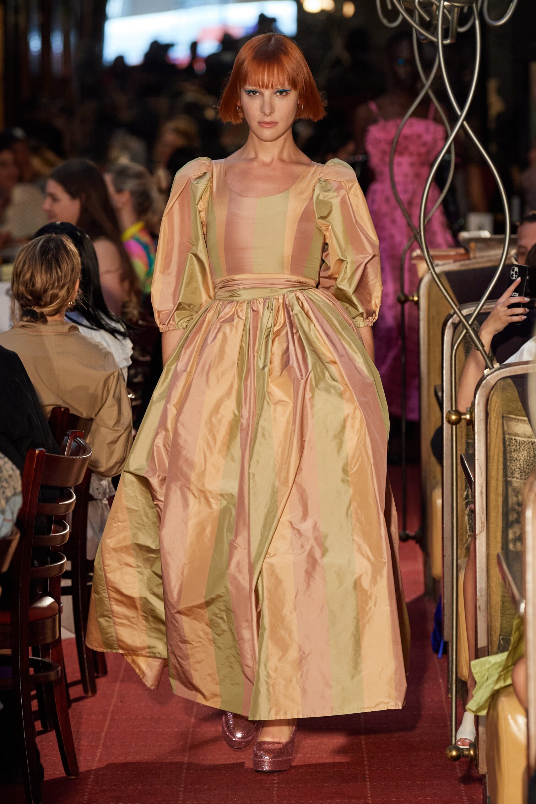 pink and beige pleated maxi dress