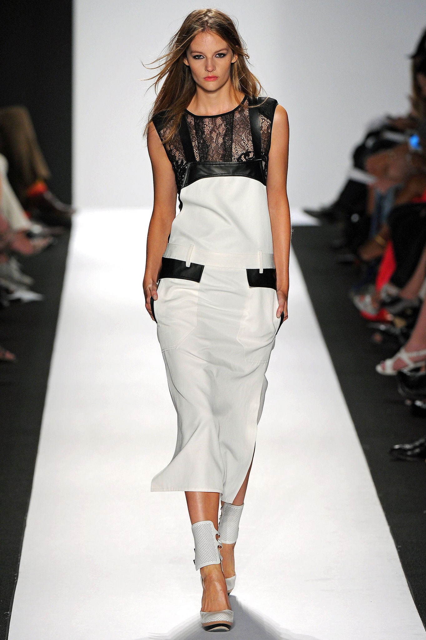 white and black fitted midi dress