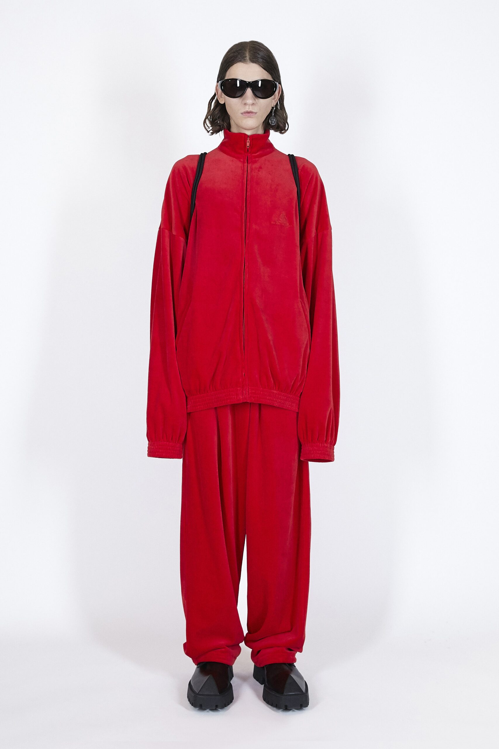 red velvet long-sleeve high-neck oversized jacket